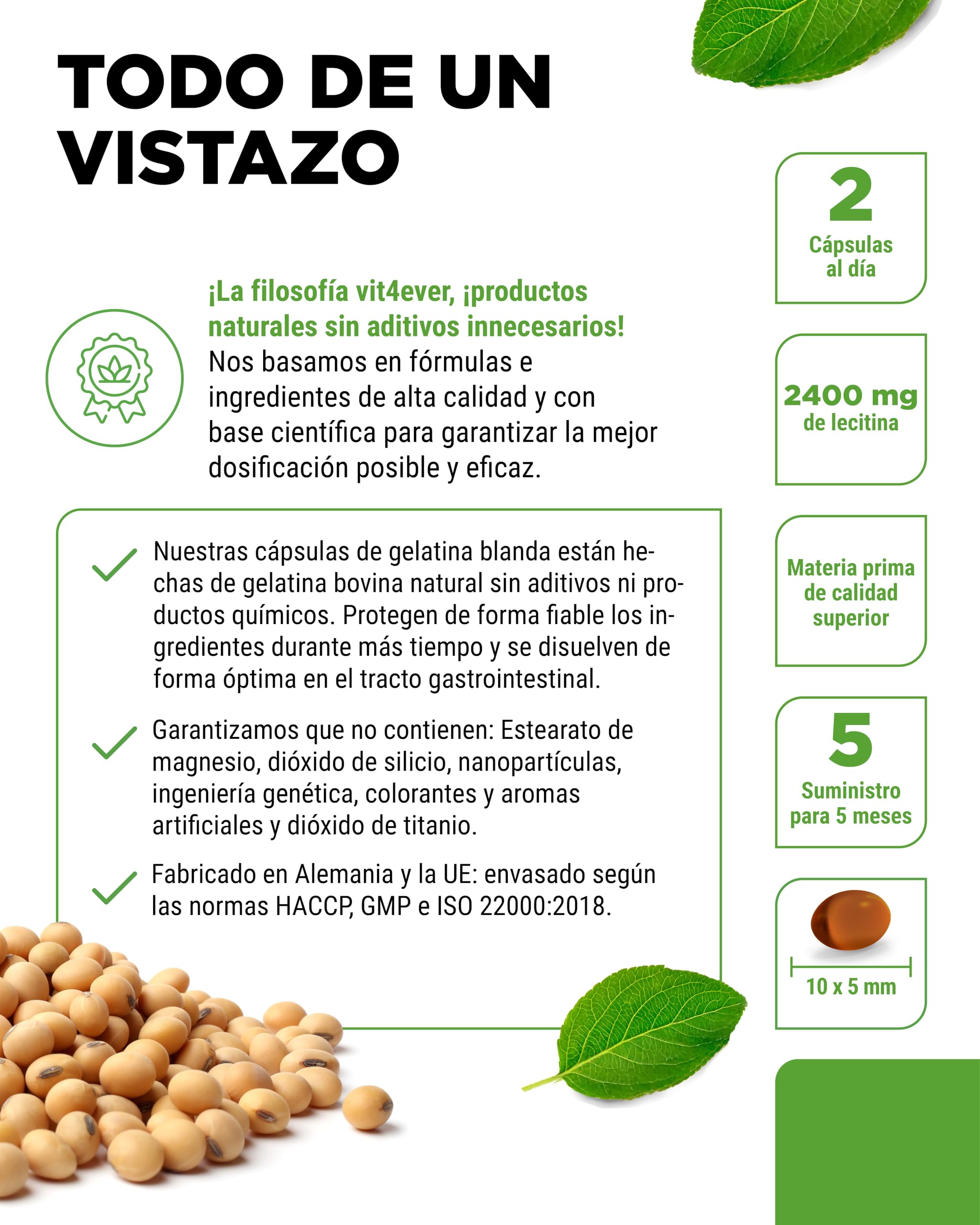 Lecitina 1200 mg - 300 cápsulas blandas - Premium: Con fosfátidos - Lecitina de soja no modificada genéticamente - Alta dosis