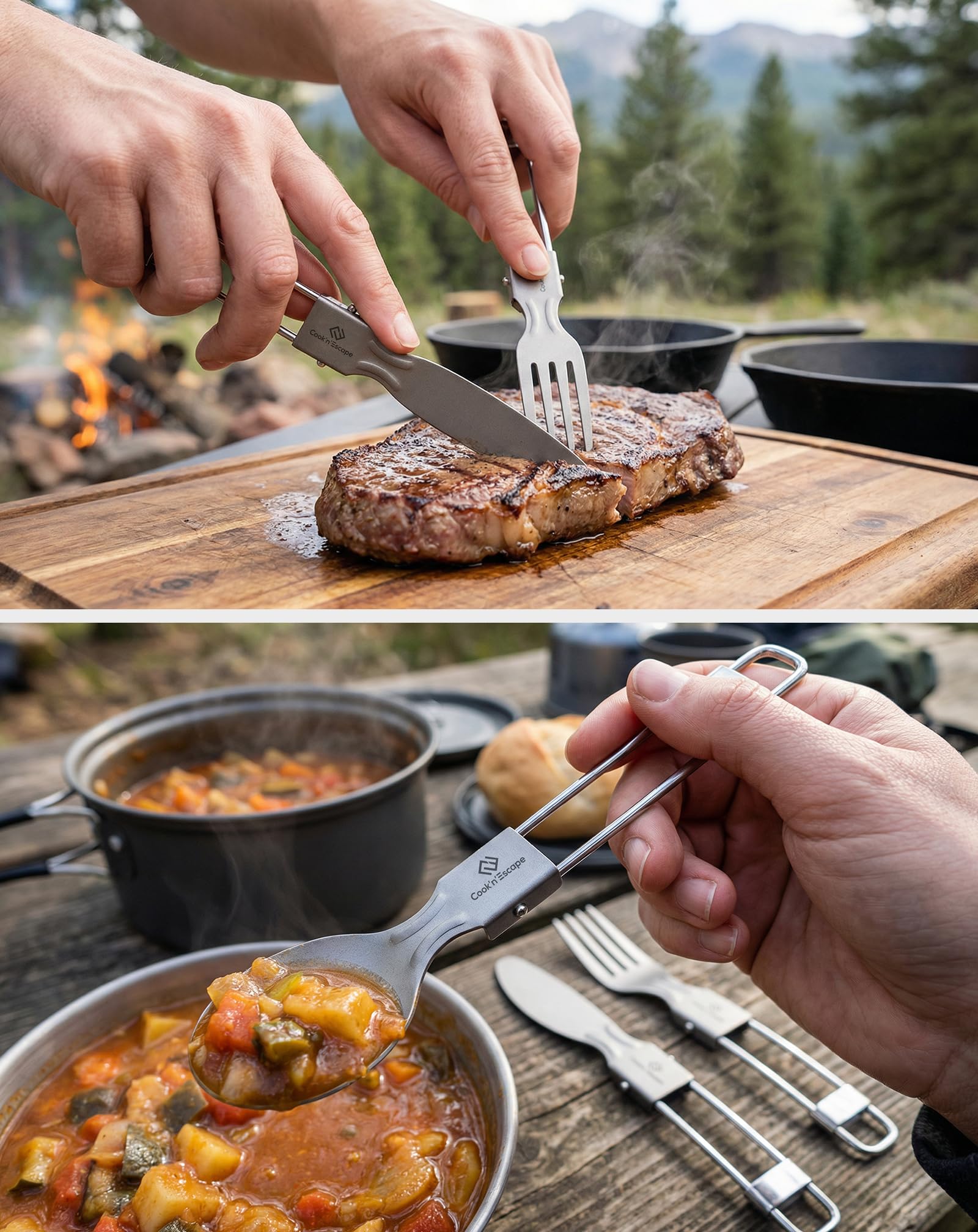 COOK'N'ESCAPE Tytanowe sztućce kempingowe, 3-częściowy zestaw sztućców – składane sztućce z nożem, widelcem, łyżką i torbą do przenoszenia, ultralekkie tytanowe sztućce podróżne do aktywności na