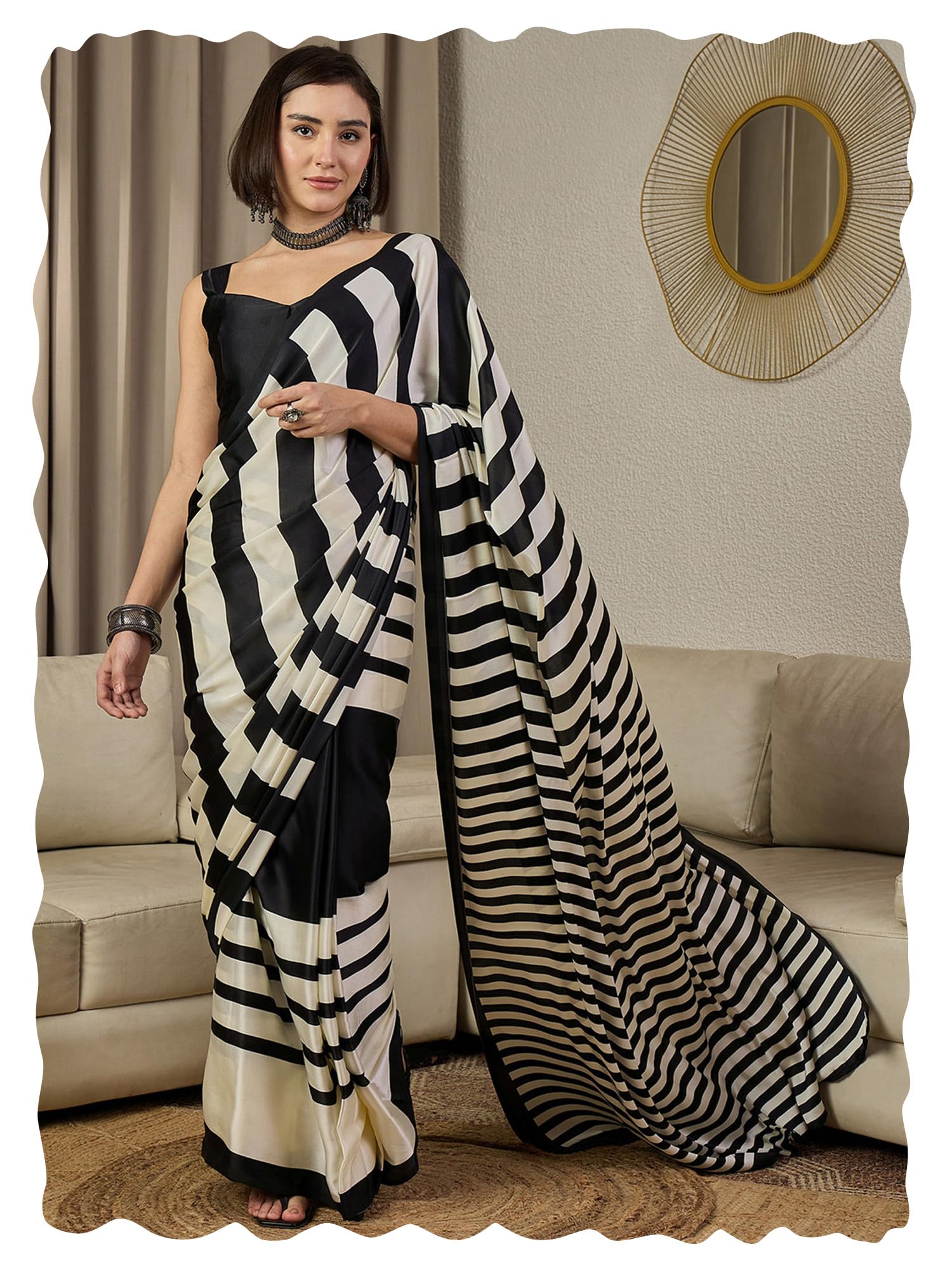 akhilam Women's Black Crepe Zebra Printed Ready To Wear one Minute Saree With Unstitched Blouse Piece (RTWKLZE246018_RJ)-picture-53