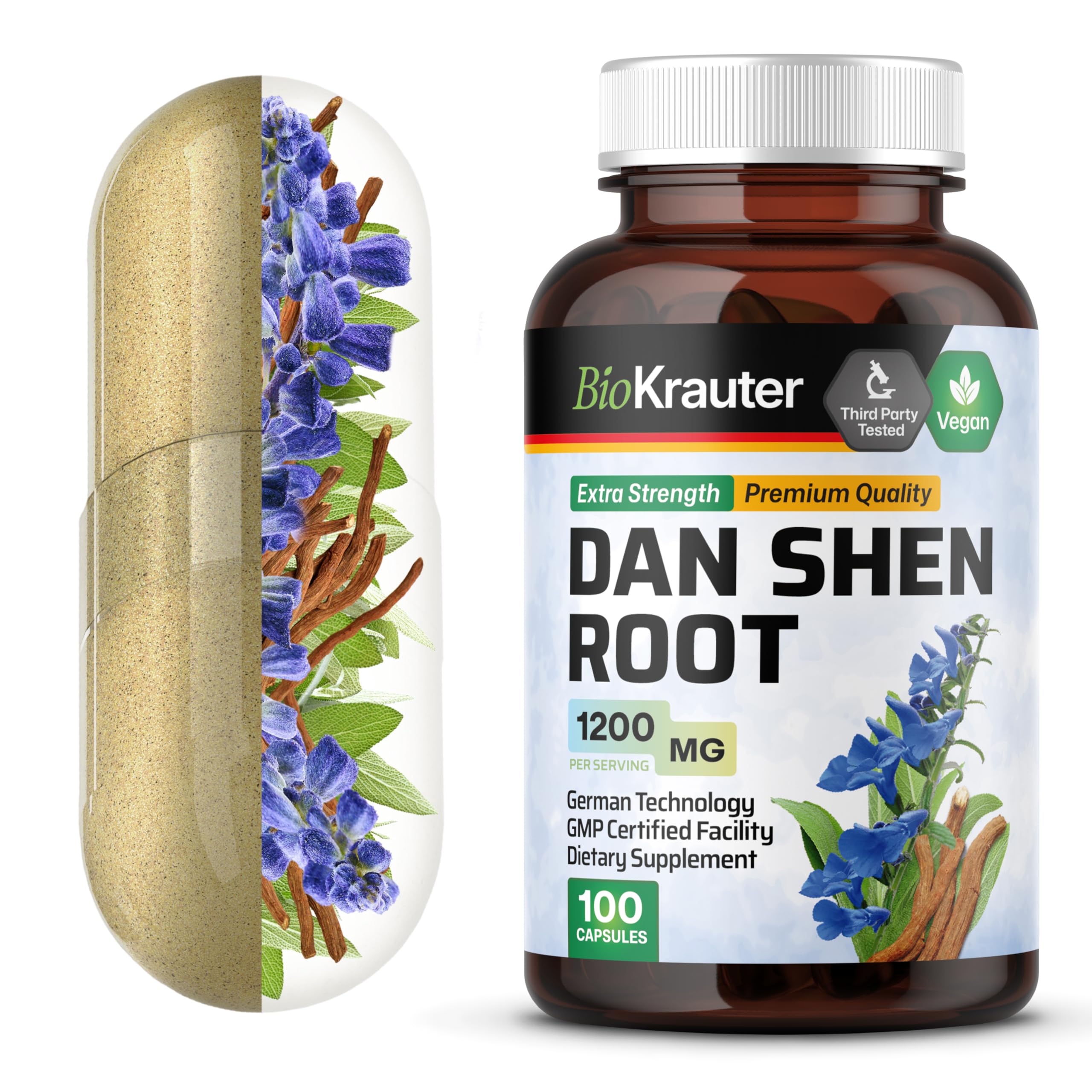 BIO KRAUTER Dan Shen (Red Sage) 100 Vegan Capsules, 1200MG, Organic Dan Shen Root (Salvia Miltiorrhiza)