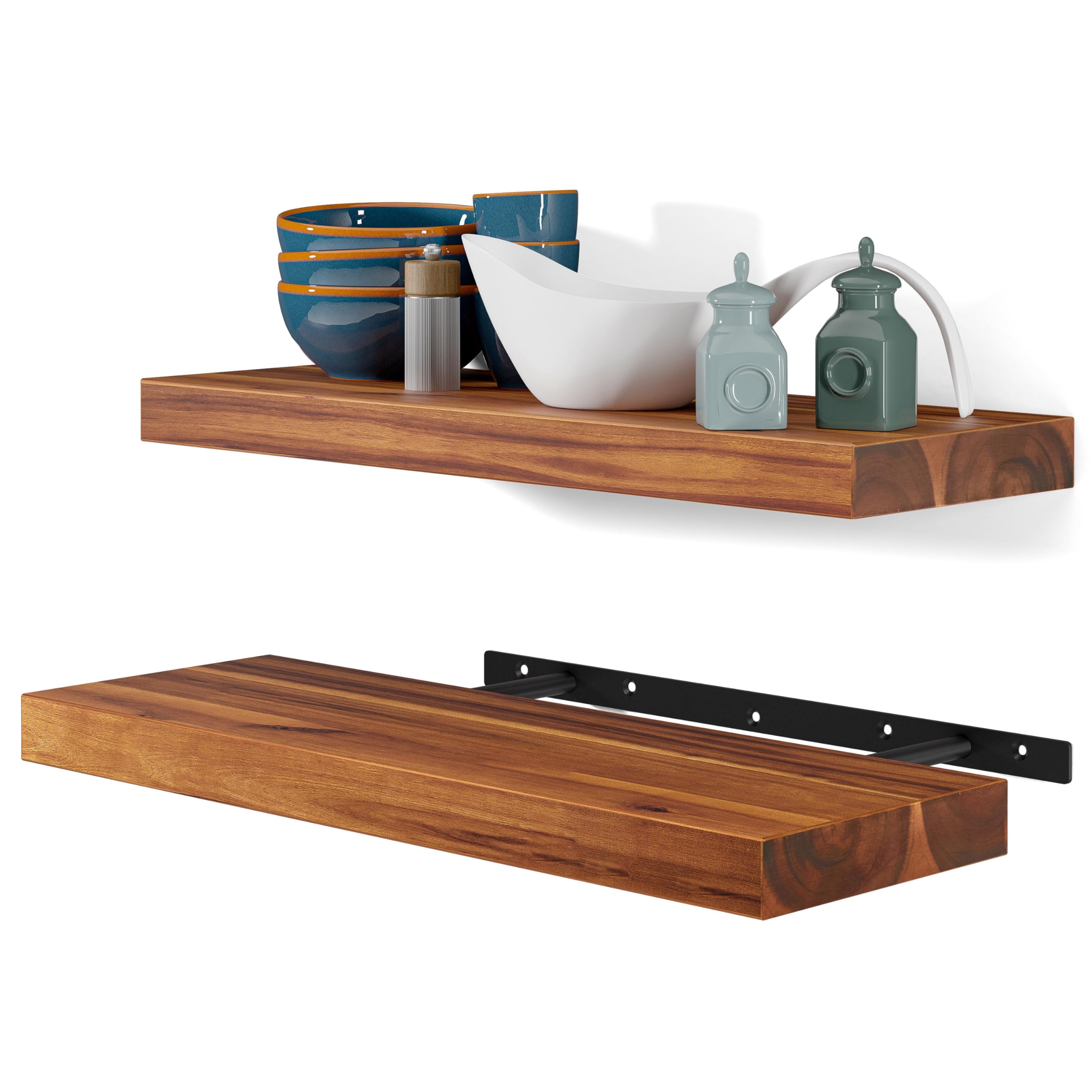 BATODA Set of 2 17" Acacia Wood Floating Shelves Wall Mounted – Rustic Farmhouse Wooden Wall Storage Shelf for Bedroom, Kitchen, Home Décor - Brackets and Shelving Mounting Hardware Included