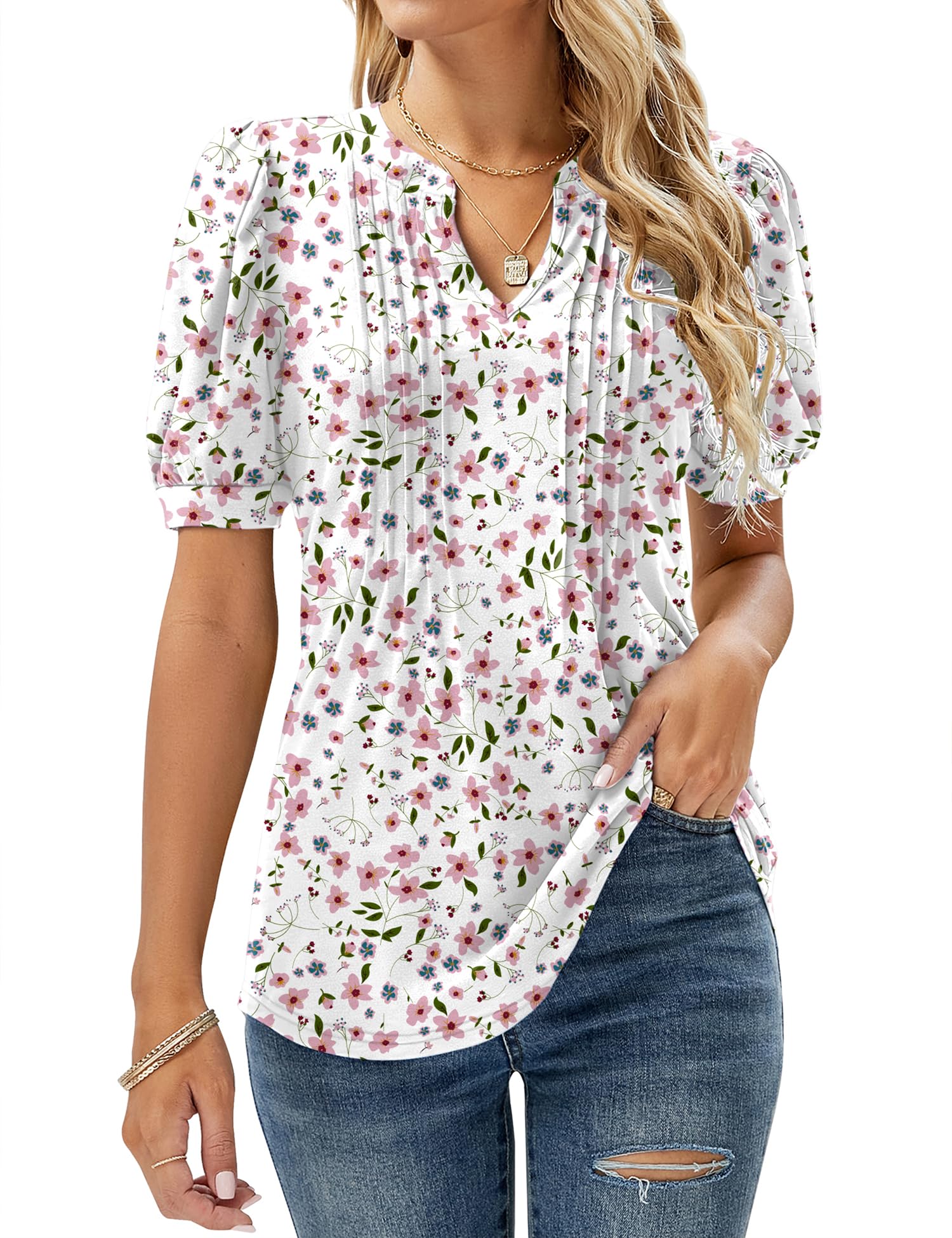 Womens V Neck Tops Puff Short Sleeve T-Shirt Pleated Floral Printed Tunic Blouse Shirts — view 9