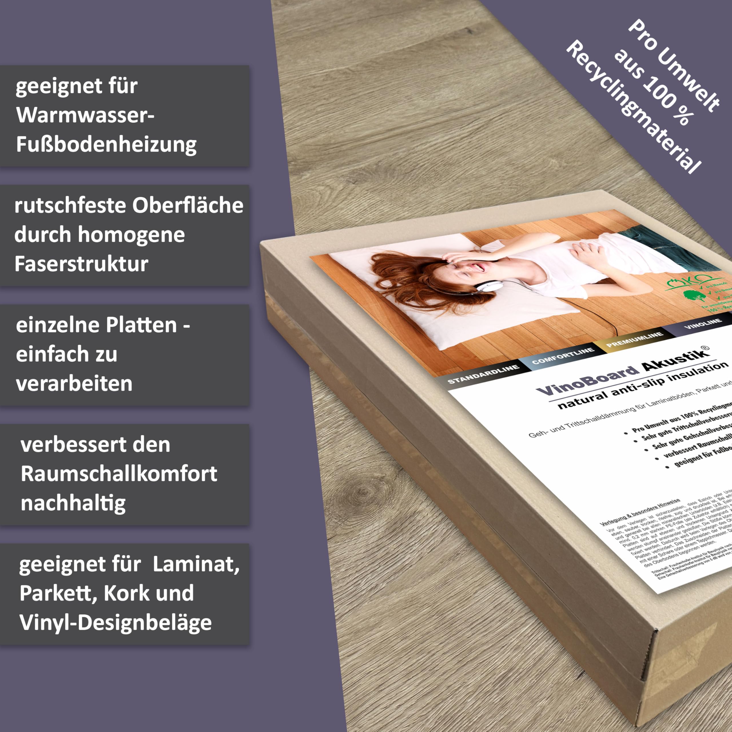 uficell® Vinoboard Akustik Vinyl Trittschalldämmung für Vinyl-/LVT Designböden mit anti-slip Effekt 1,8 mm stark - Die Ideale Unterlage für Vinyl-/LVT Klick Böden (4 Pakete - 28 m²)