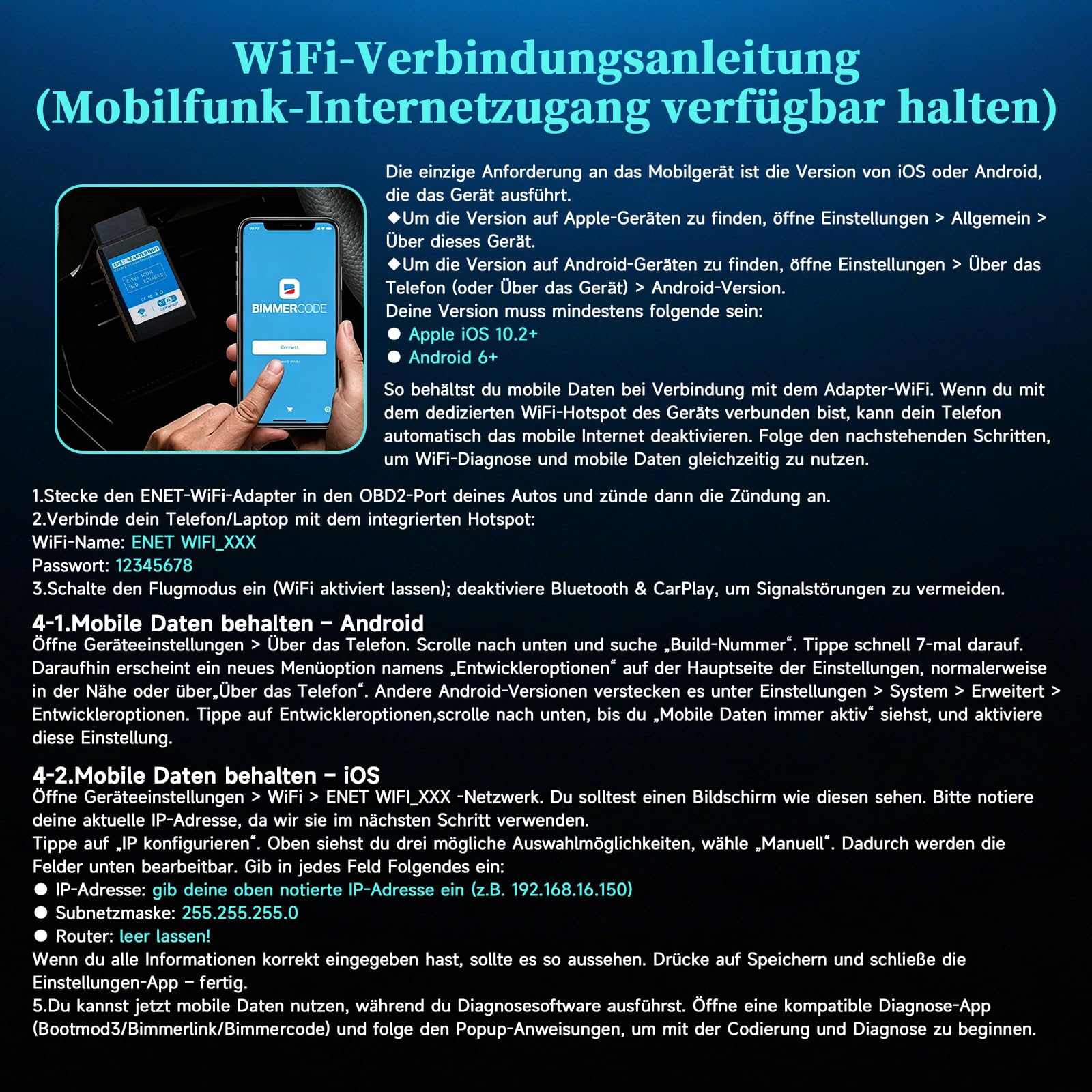 Bootmod3 OBD Enet WiFi Adapter für BMW F/G Serie, Mini e A90/A91 Supra Carplay, Kompatibel mit BimmerCode, MHD, Ethernet zu OBD2 Diagnose- und Codier-Scanner-Tool, Funktioniert auf iOS