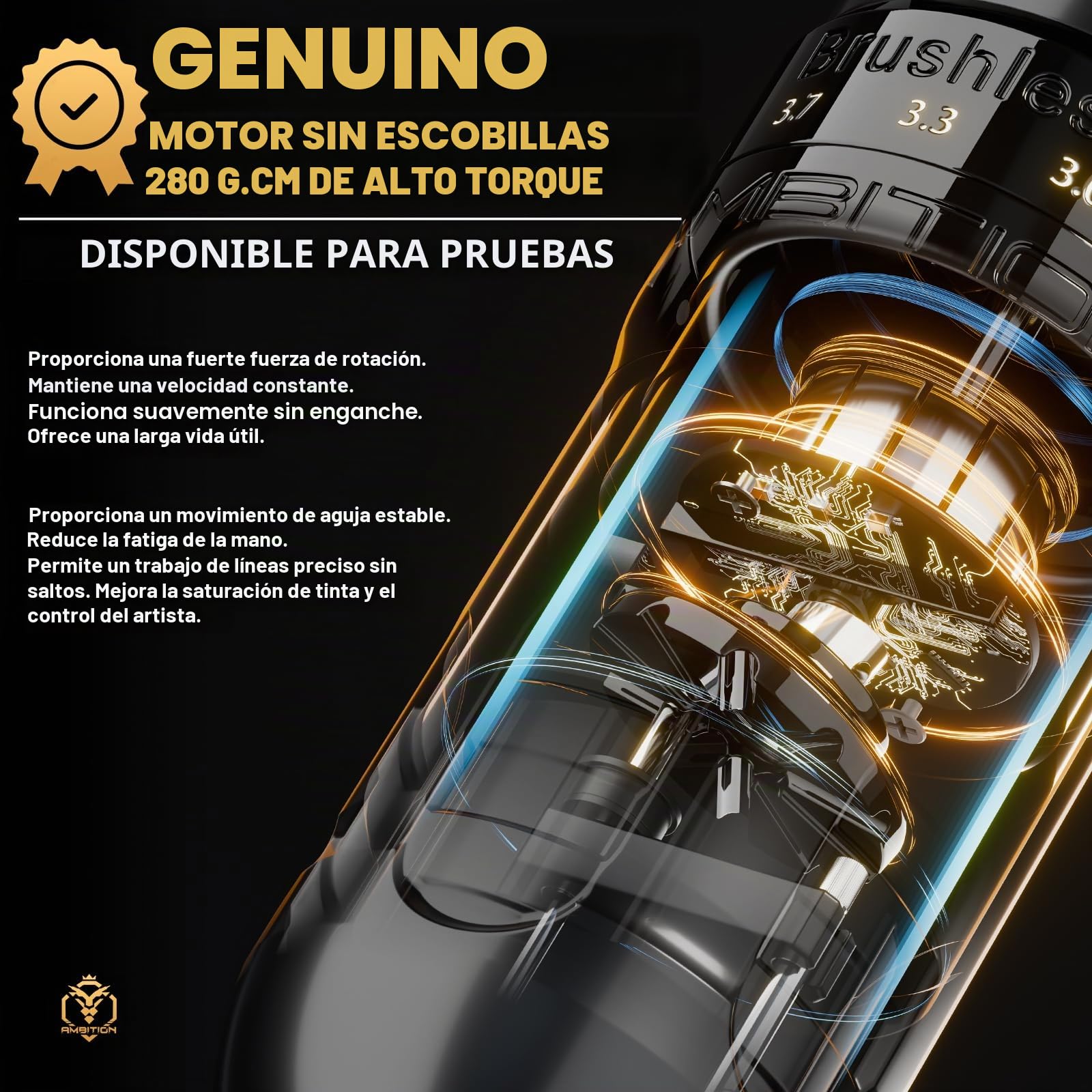 Ambition Maquina de Tatuarr Inalámbrica - Ninja Max 280 con Motor Brushless 280 g·cm, 7 Niveles de Carrera Ajustable (2.4-4.5mm), Dual Batería 2400mAh, Empuñaduras 54mm & 32mm para Profesionales