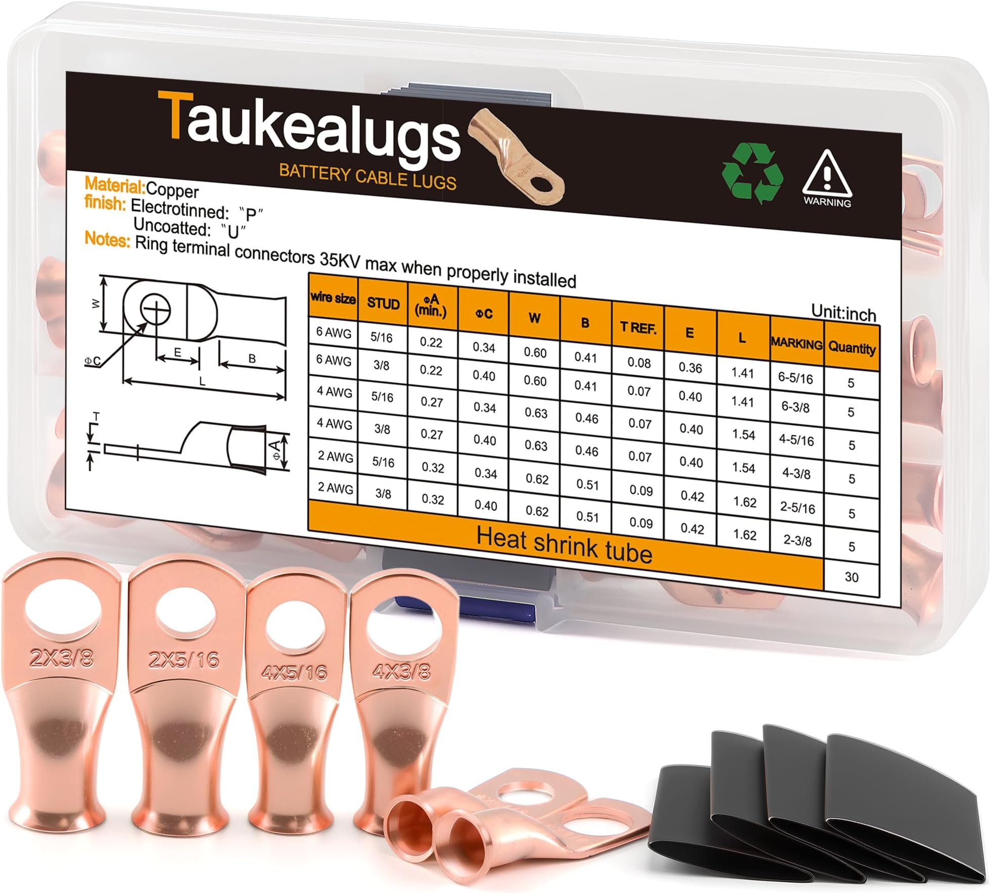 Battery Terminal Copper Connectors Cable Ring Lugs AWG6 4 2 Gauge 5/16 3/18 and Heat Shrink Tube Total 60pcs, AWG Crimp Wire Ends Assortment Kit