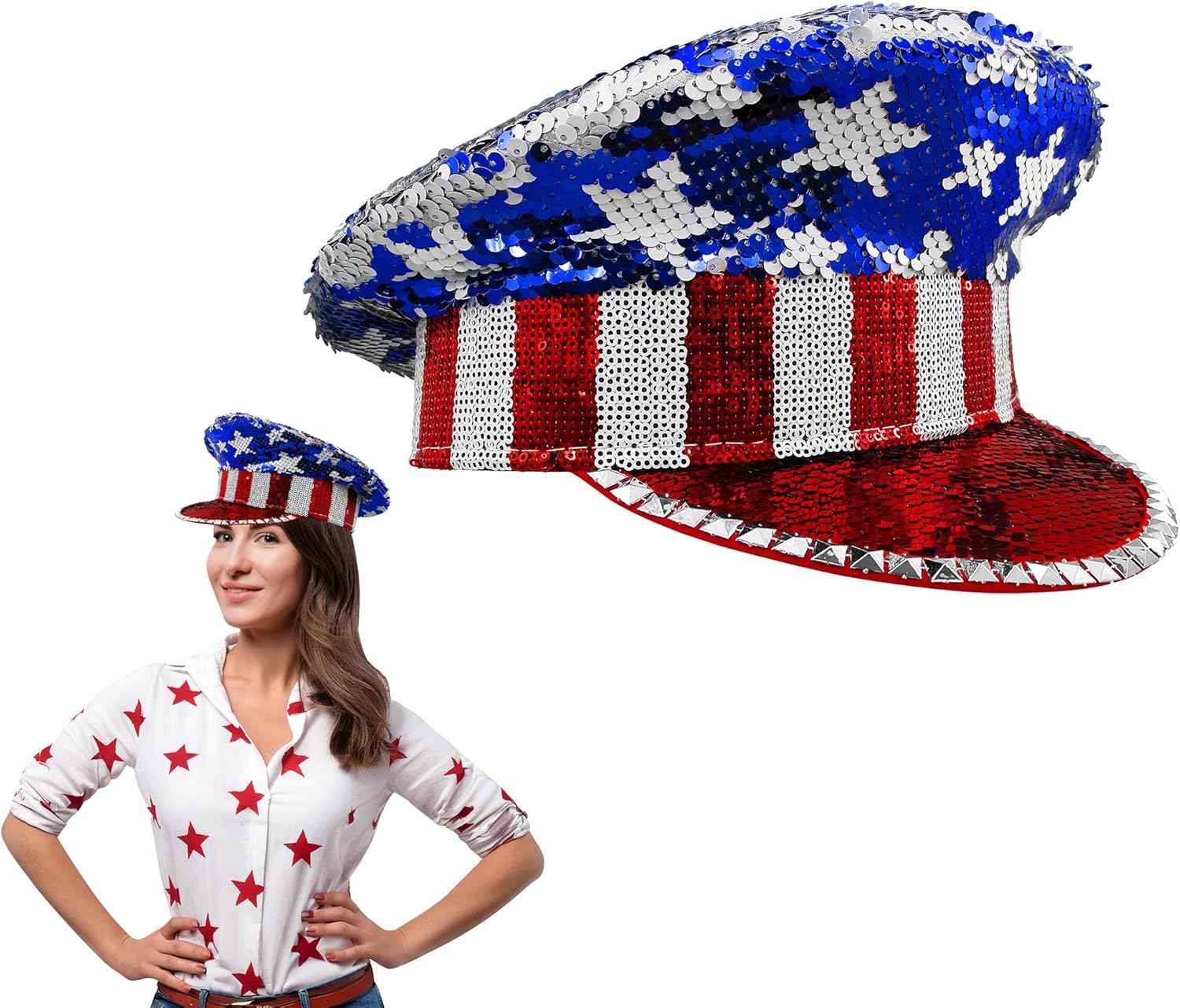 Nicky Bigs Novelties Iridescent Patriotic USA 4th of July American Flag Sequins Military Captain Hat