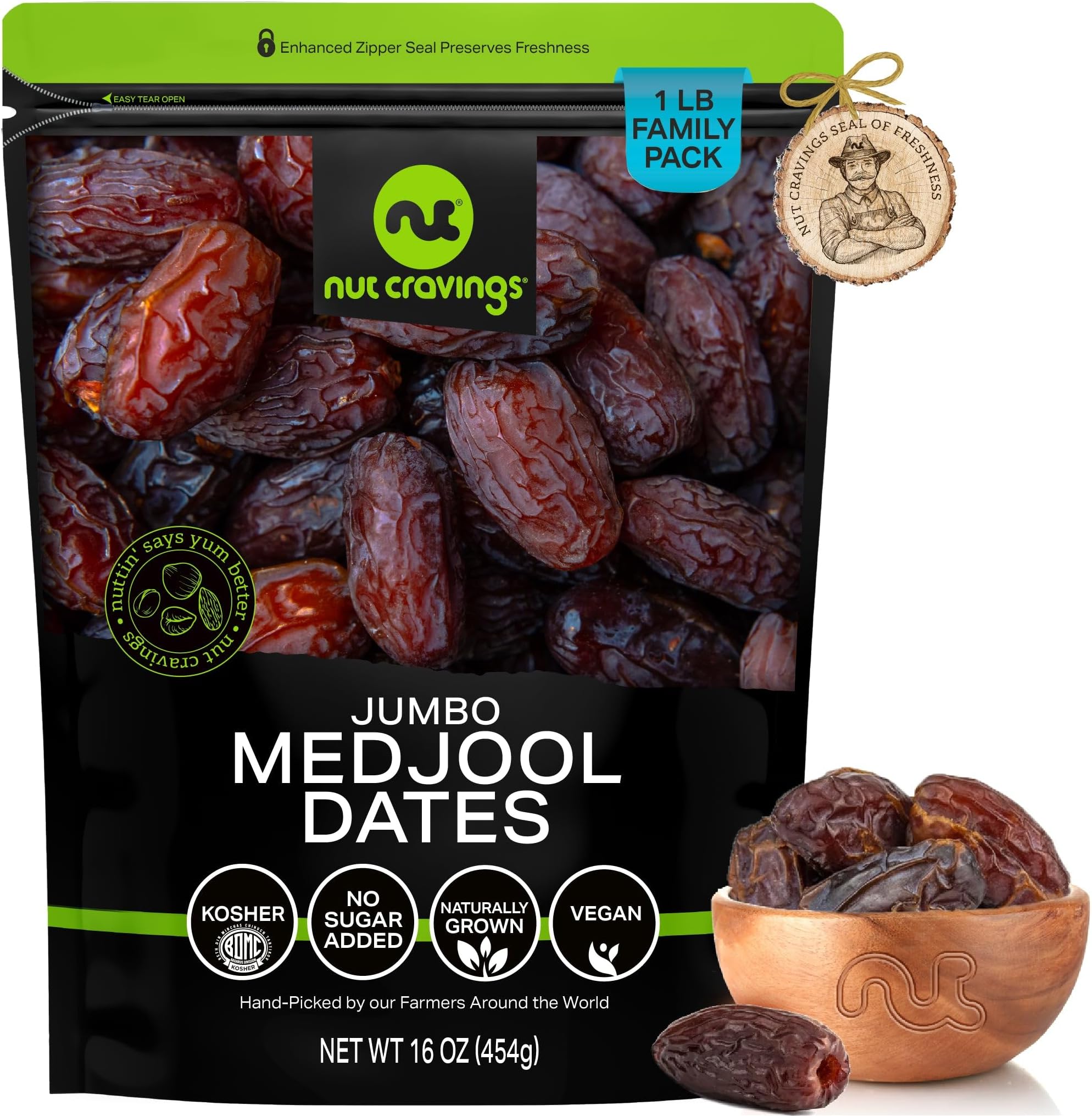 NUT CRAVINGS - Dried Jumbo Medjool Dates, No Sugar Added, Unsulphured (16oz, 1 LB) Sweet Healthy Snack, Vegan, Kosher, Resealable Bag