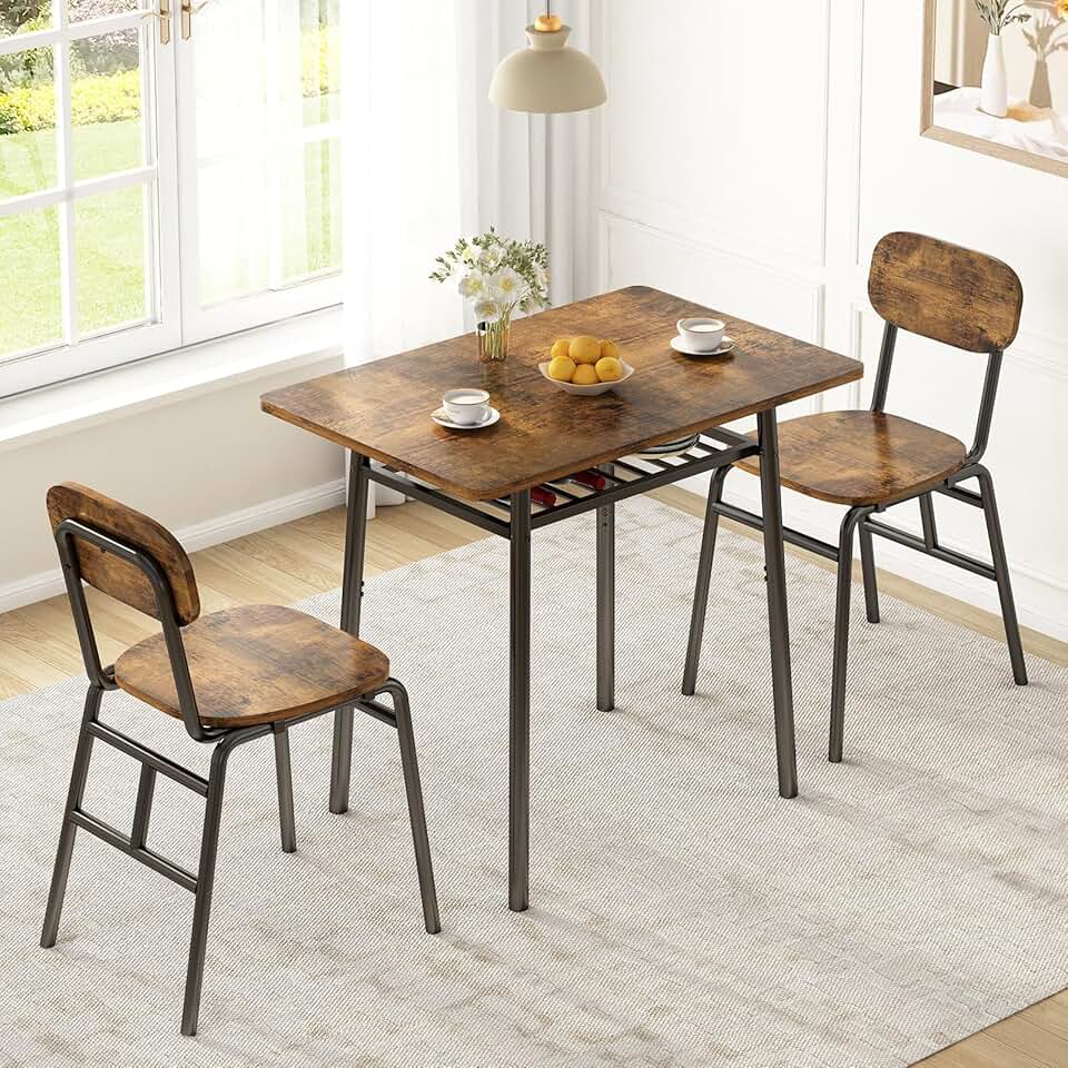 Conjunto Sala de Jantar, Mesa de Jantar 2 Lugares, Espaço de Armazenamento Prático, Ideal para Apartamentos e Espaços Pequenos, Cor Marrom