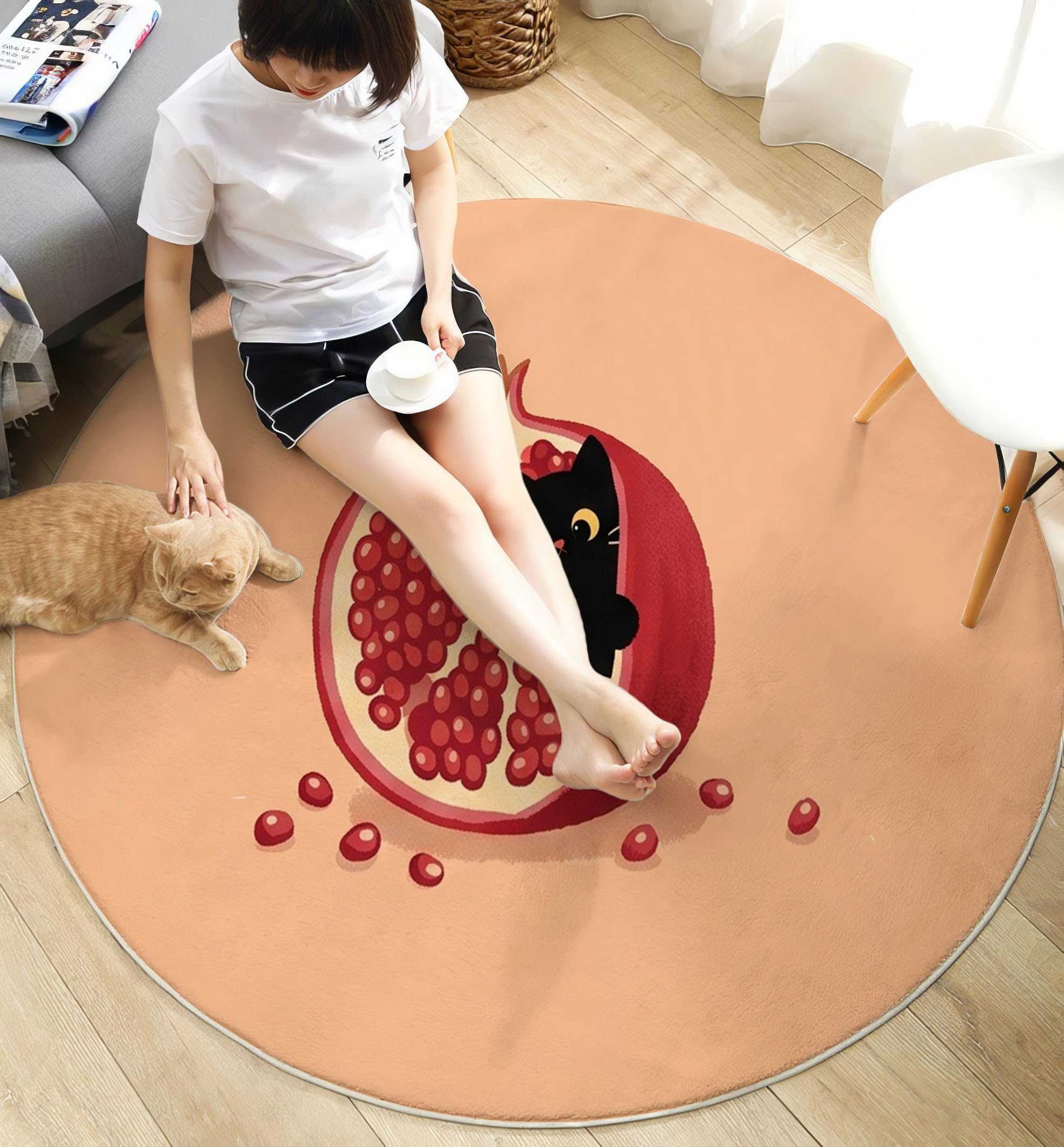 Frischer Obststil Kinderteppich, 160cm Kurzflor Rund Spielmatte Granatapfel Der Schwarzen Katze Runder Teppich rutschfest, Waschbare Spielmatte Deko-Akzent für Kinderzimmer & Leseecke