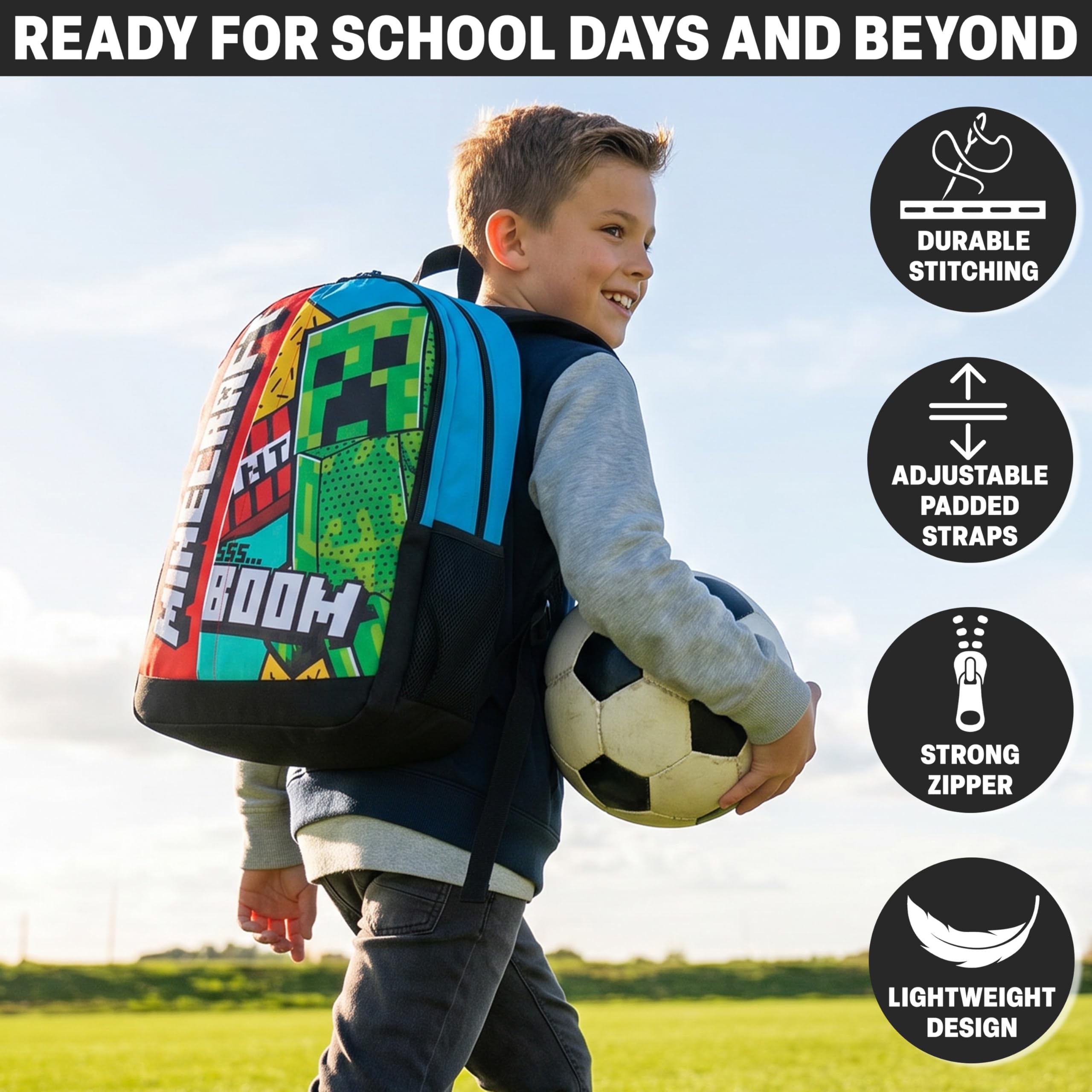 Get Trend Minecraft Sac a Dos Enfant Garcon, Bandoulière Réglable et Fermeture Eclair Cartable, École ou Sport, Cadeau Garcon (Multi Minecraft)
