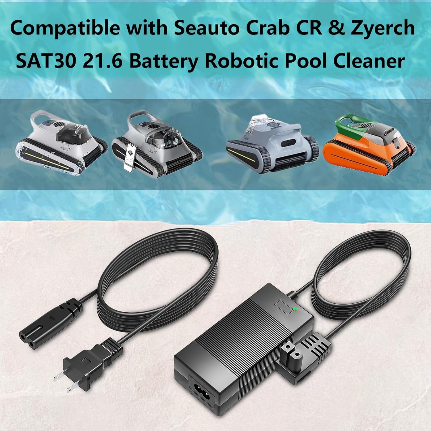26V Charger Adapter Compatible with Seauto Crab CR & Zyerch SAT30 Robotic Pool Vacuum 21.6V Battery Cordless Pool Cleaner Power Supply Cord