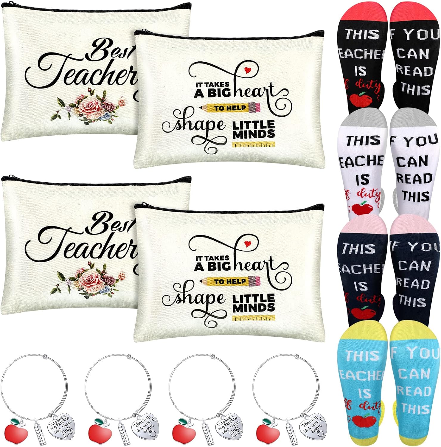 12 Pcs Teacher Appreciation Gifts Set, 4 Teacher Off Duty Socks, 4 Travel Cosmetic Pouch Makeup Bags, 4 Teacher Bracelet Expandable Bangle Funny Teacher Gifts Graduation Holiday Favors
