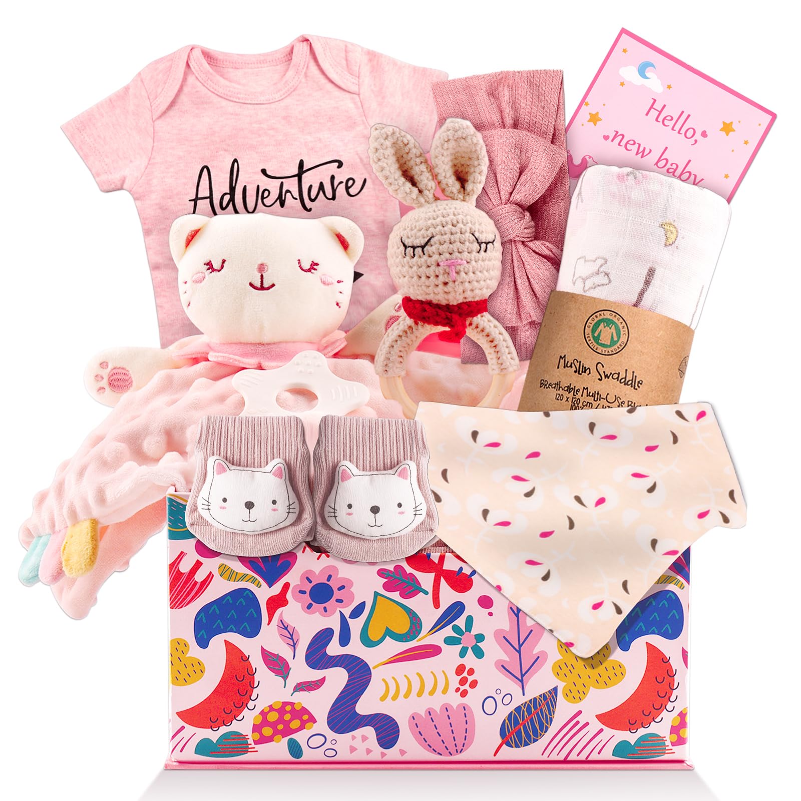 Baby Girl Gifts,Baby Gifts for Girls,Newborn Baby Gifts for Girls,Baby Shower Gifts for Girl,Newborn Baby Girls Gift Basket,Unique Pink Newbaby Gift Set (9pcs)