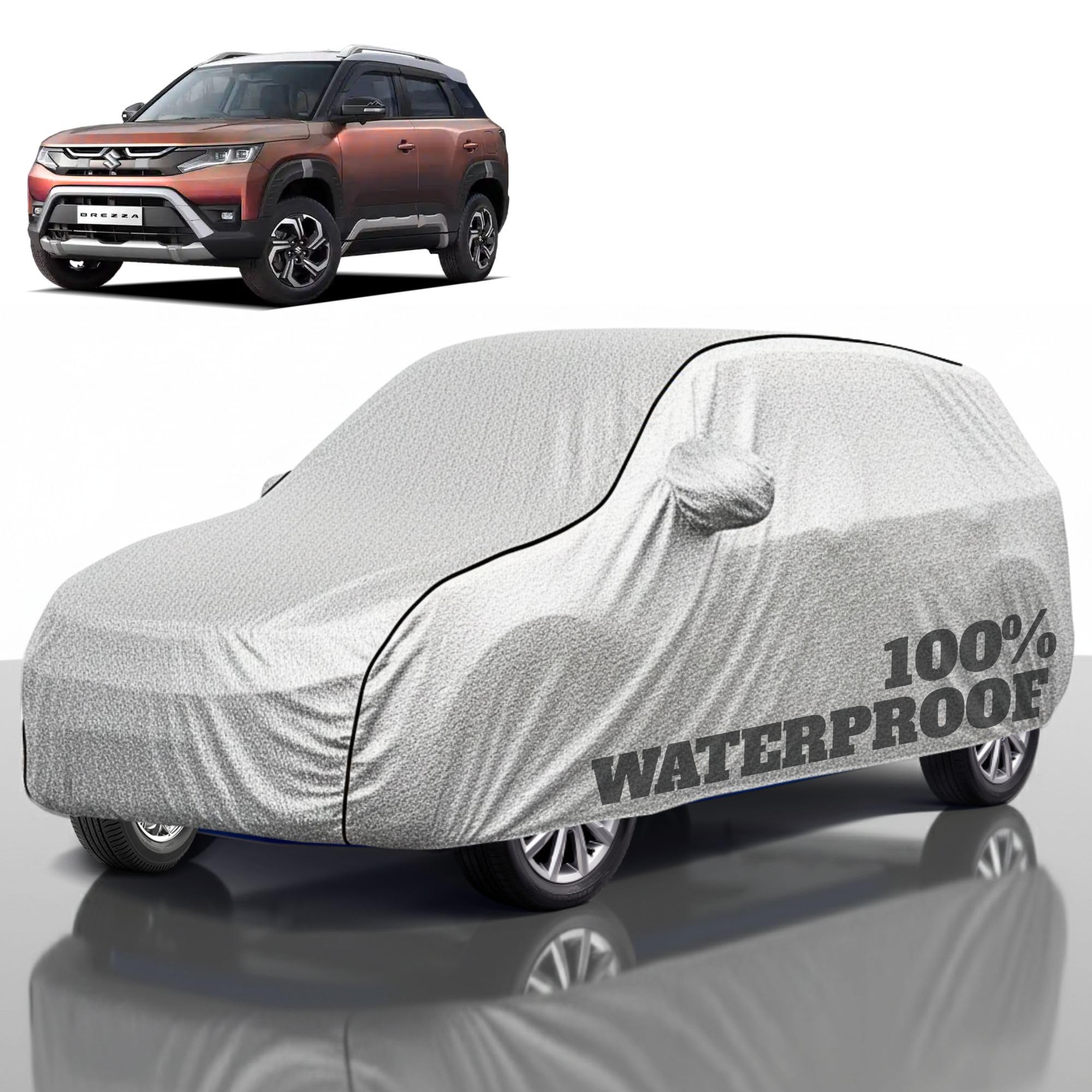 Premium Polyester Car Cover Brezza All-Weather Protection from Rain, Dust &amp; Sun | UV Resistant Fabric | Full Body Secure Fit for Outdoor &amp; Indoor Parking Silver