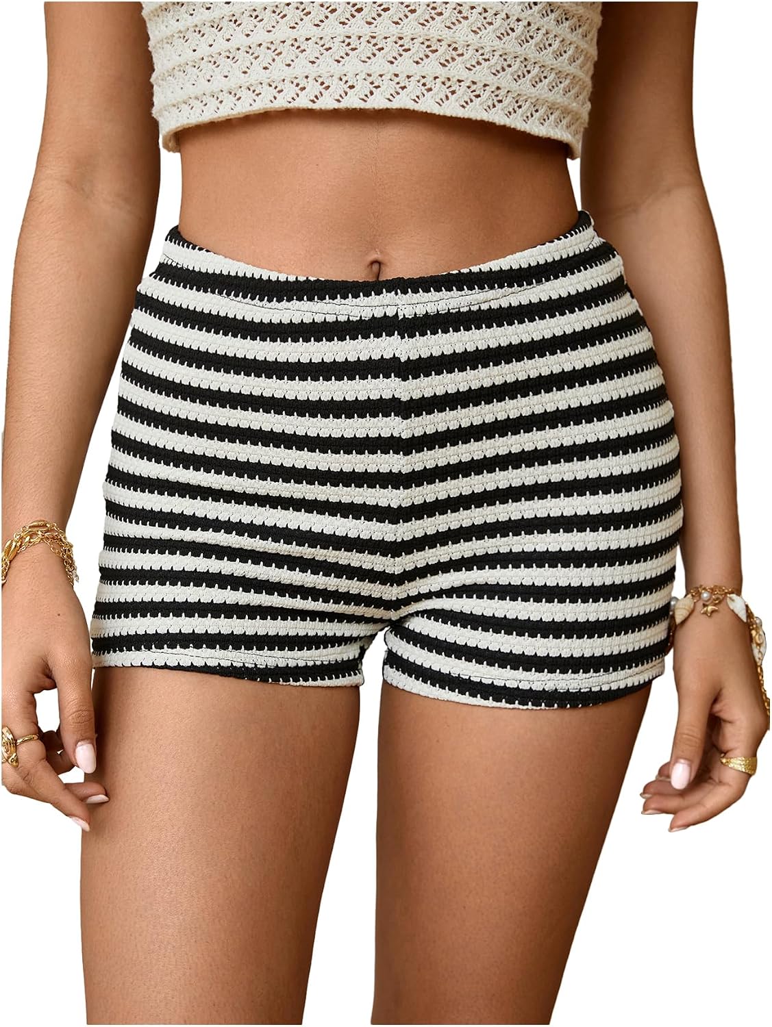 MakeMeChic Women's Summer Crochet Shorts Striped Knit Pajama Micro Mini Shorts Lounge Bottoms
