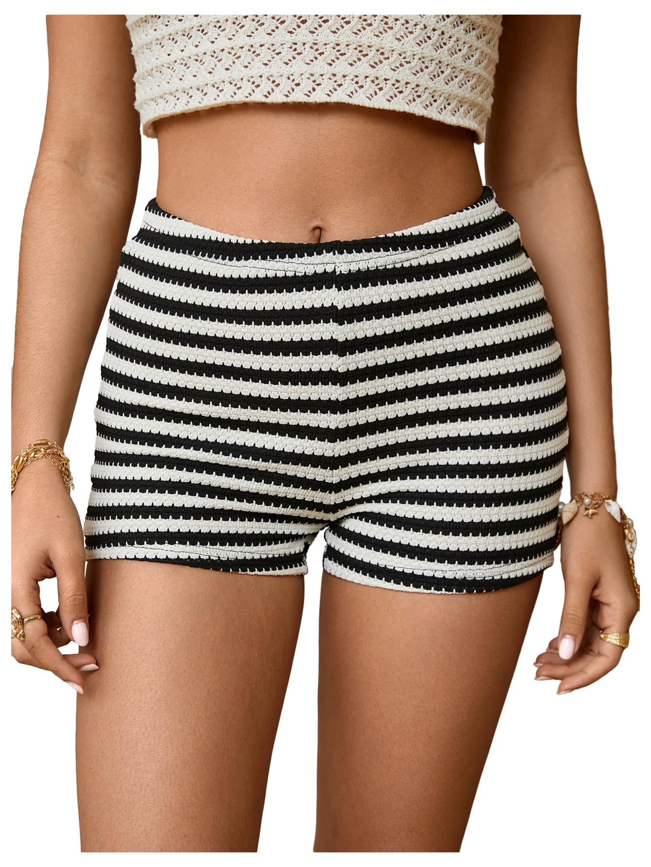 MakeMeChic Women's Striped Shorts Red Crochet Micro Shorts Lounge Wear