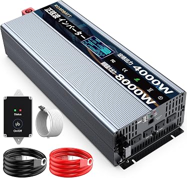 12V 4000W Inverter Pure Sine Wave Instantaneous Max 8000W Converts DC12V to AC100 Remote Control with 50/60Hz Switch AC Outlets x4, USB Sockets x2 For Car, Home Use No Load Current 0.4-0.8A