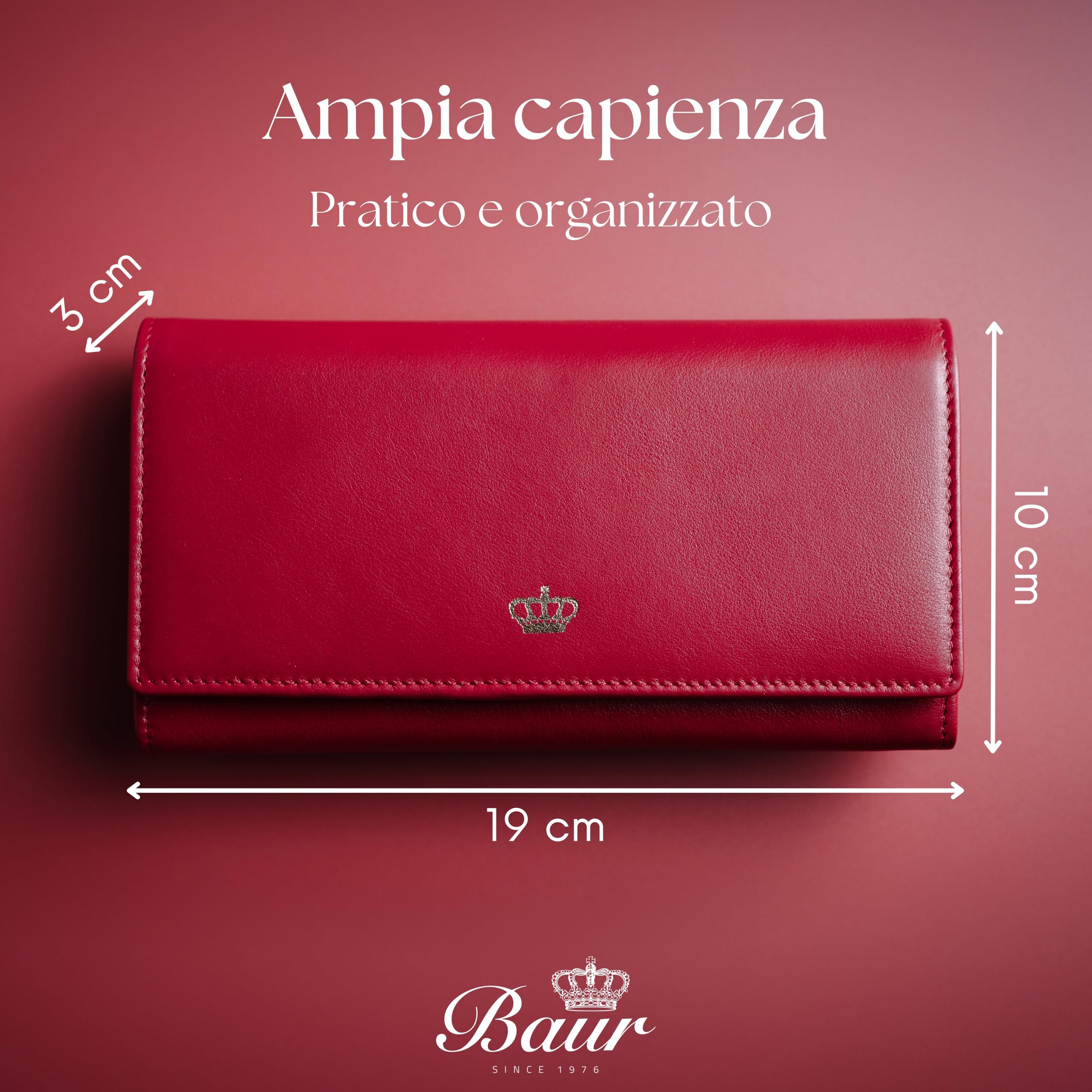 Baur portafoglio da donna – vera pelle nappa con protezione RFID – portafoglio grande con 18 scomparti carte e scomparto monete con cerniera metallica – tutto in pelle (Design oro, Rosso)