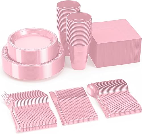 El juego de vajilla de plástico de 350 piezas incluye 50 de cada plato de plástico rosa de 9 pulgadas, platos de postre de plástico de 7 pulgadas,