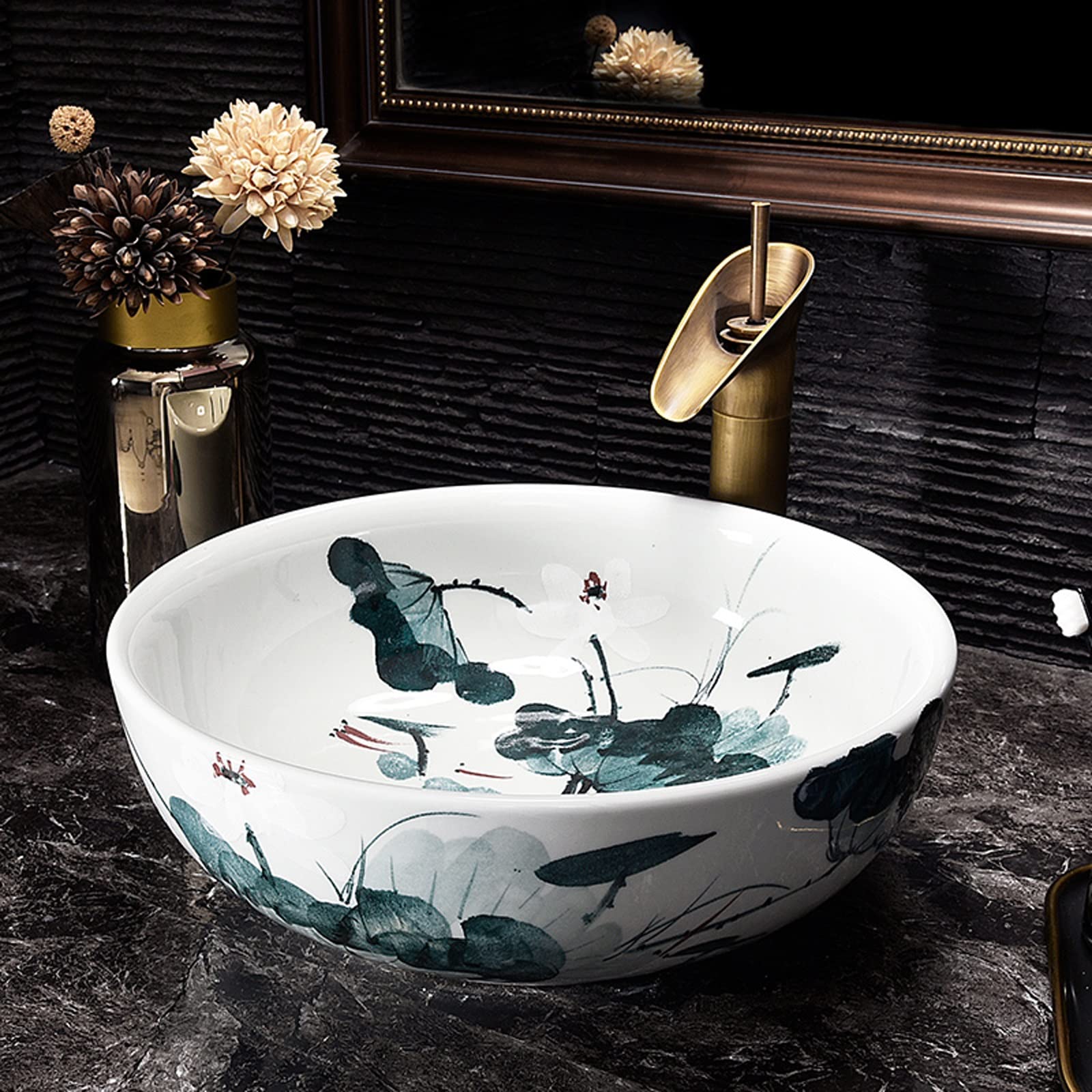 Umywalki Łazienkowe Nablatowe, Ceramiczne, Umywalki Łazienkowe Nablatowe, Okrągłe, Porcelanowe, W Kolorze Niebieskim I Białym, Umywalki Nablatowe Z Motywem Lotosu, Umywalki Ła
