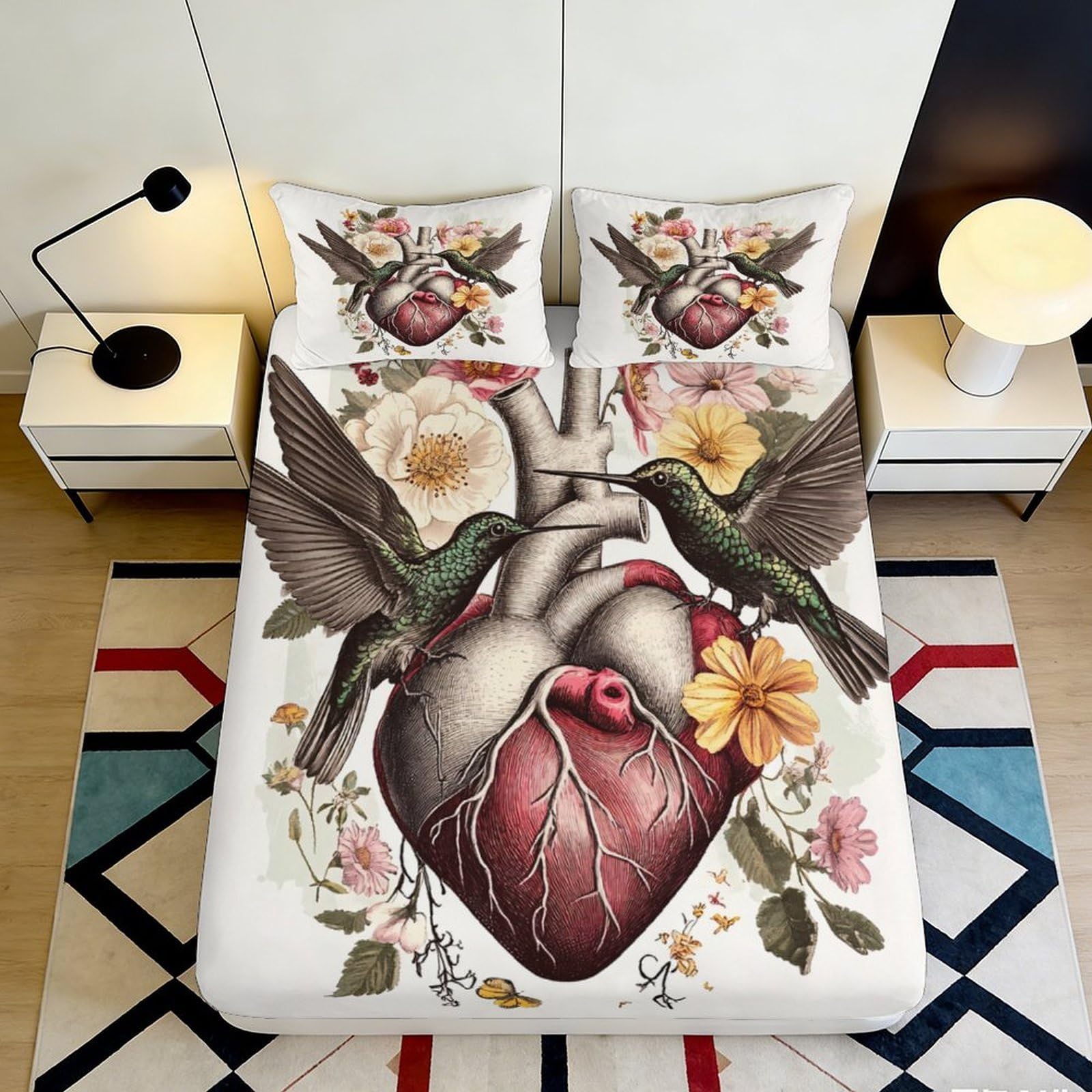 3D Printed Anatomical Heart Fitted Sheet Microfiber Hummingbird Floral Bed Cover for Bedroom Dorm Mattress Decor 90x200x25cm