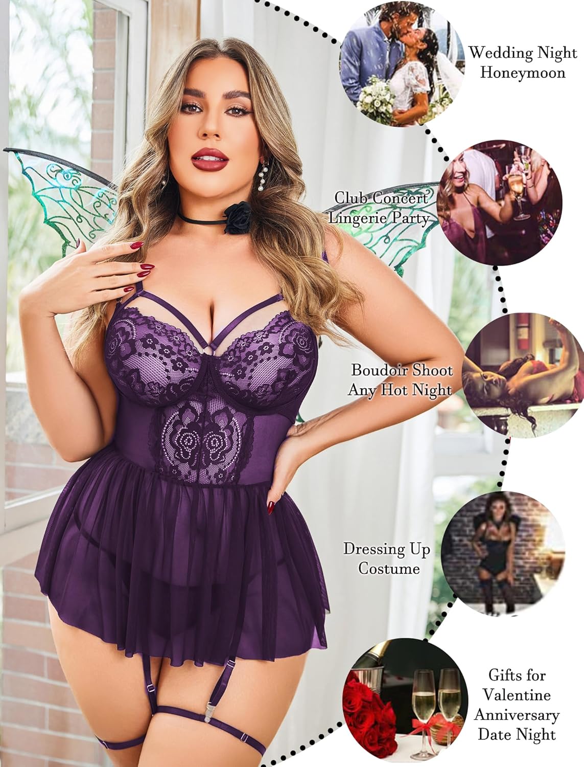 Avidlove Plus Size Lingerie for Women Sexy Lace Babydoll Mesh Chemise Boudoir Nighty with Garter Belt - Image 4