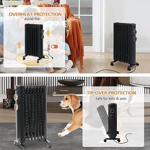 Miniatura 3 de Calentador de radiador portátil lleno de aceite con termostato ajustable y ruedas universales, calentador eléctrico de 1500 W con 3 ajustes de calor