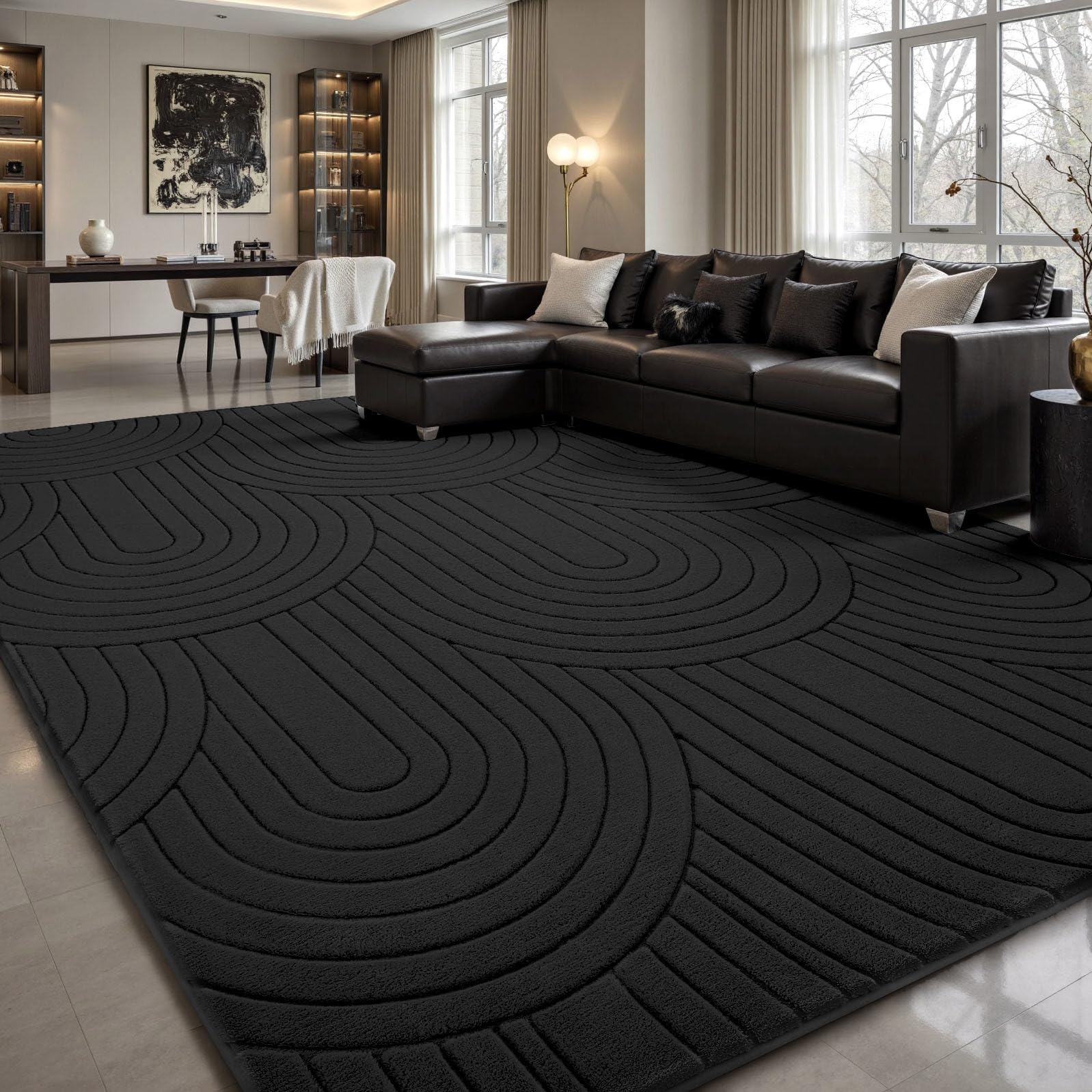 Sour Lemon Tappeto per soggiorno, 160 x 230 cm, motivo semicircolare 3D, nero, per camera da letto, extra large per soggiorno, lavabile in lavatrice, antiscivolo, a pelo corto, per camera dei bambini