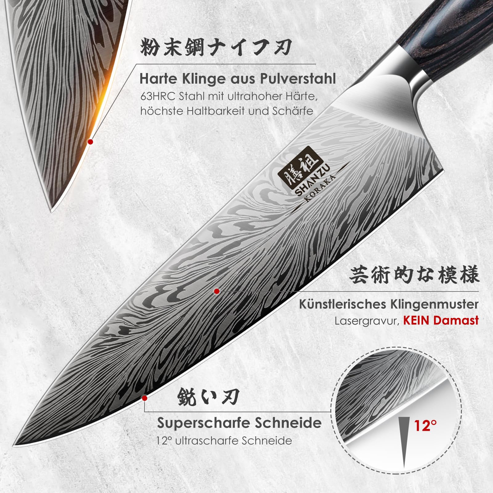SHAN ZU Kochmesser aus Pulverstahl, Japanisches Küchenmesser, 20 cm Professionelle Chefmesser mit Hohem Kohlenstoffgehalt, Ultrascharfes Allzweckmesser mit Ergonomischem Full-Tang-Griff aus Pakkaholz