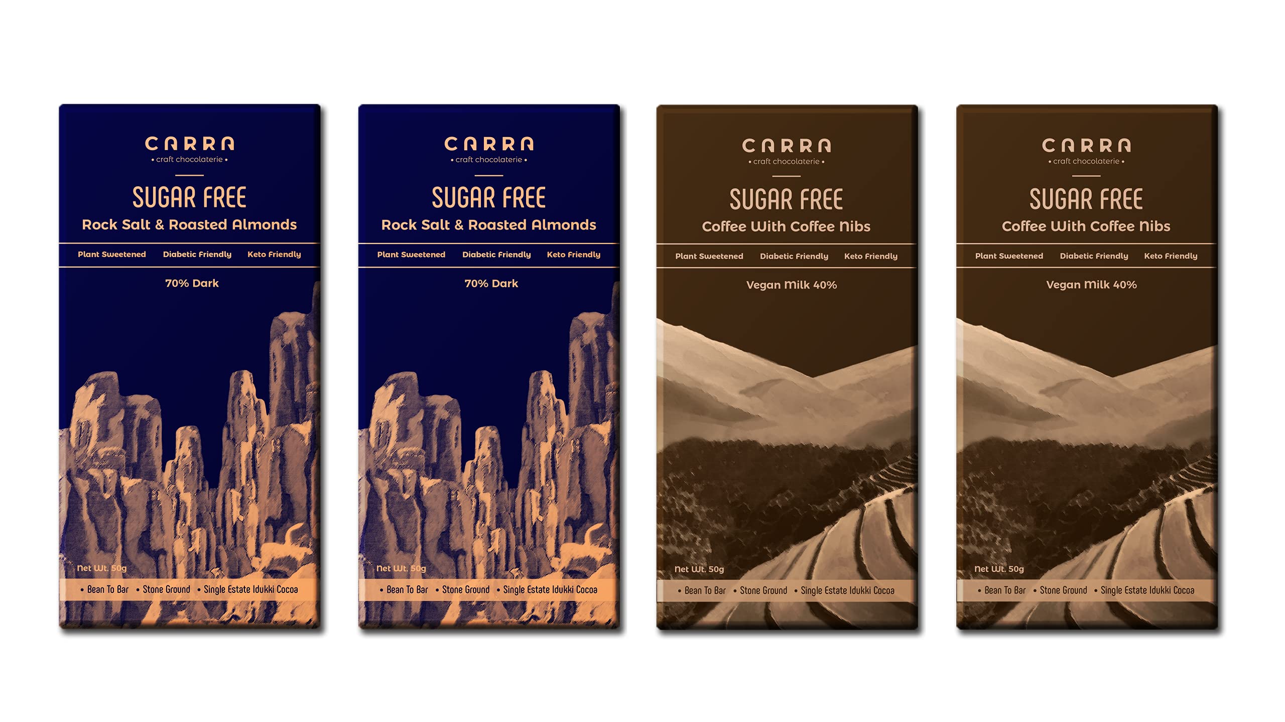 CARRA Sugar Free Chocolate Combo, Pack of 4 bars, 2 flavors each- Rock Salt & Roasted Almonds and Coffee with coffee nibs, sweetened with Monk Fruit