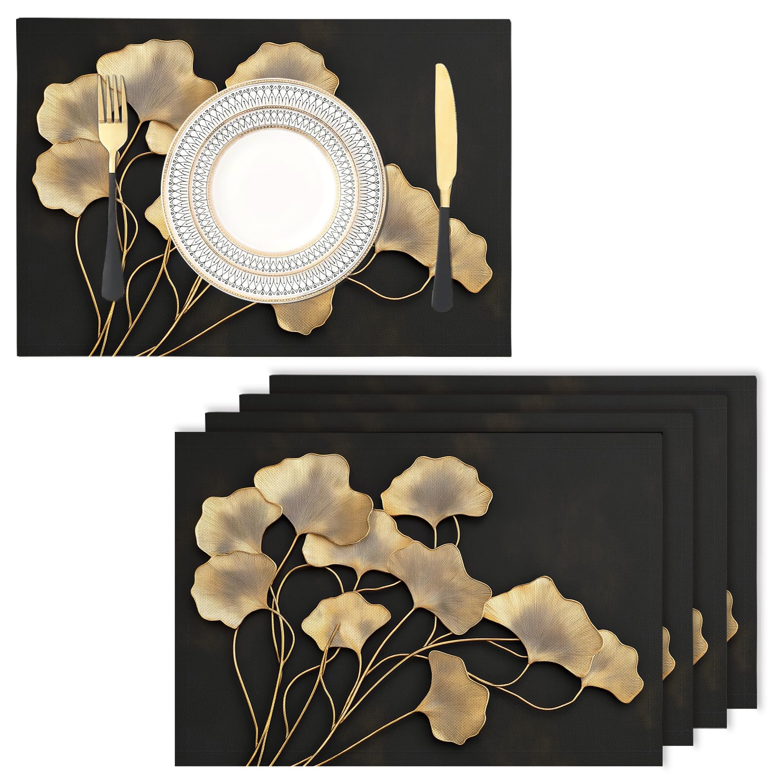 Set de table en lin de coton ginkgo noir antidérapant lot de 6 résistant à la chaleur pour cuisine