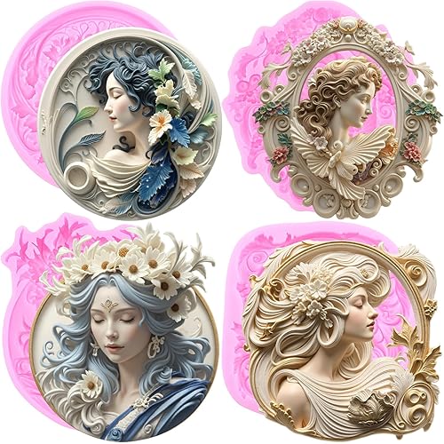Mujiang Cameo With Picture Frame Silicone Molds Victorian Lady Portrait Chocolate Fondant Mold for Cake Decorating Cupcake Topper Candy Polymer Clay Set Of 4