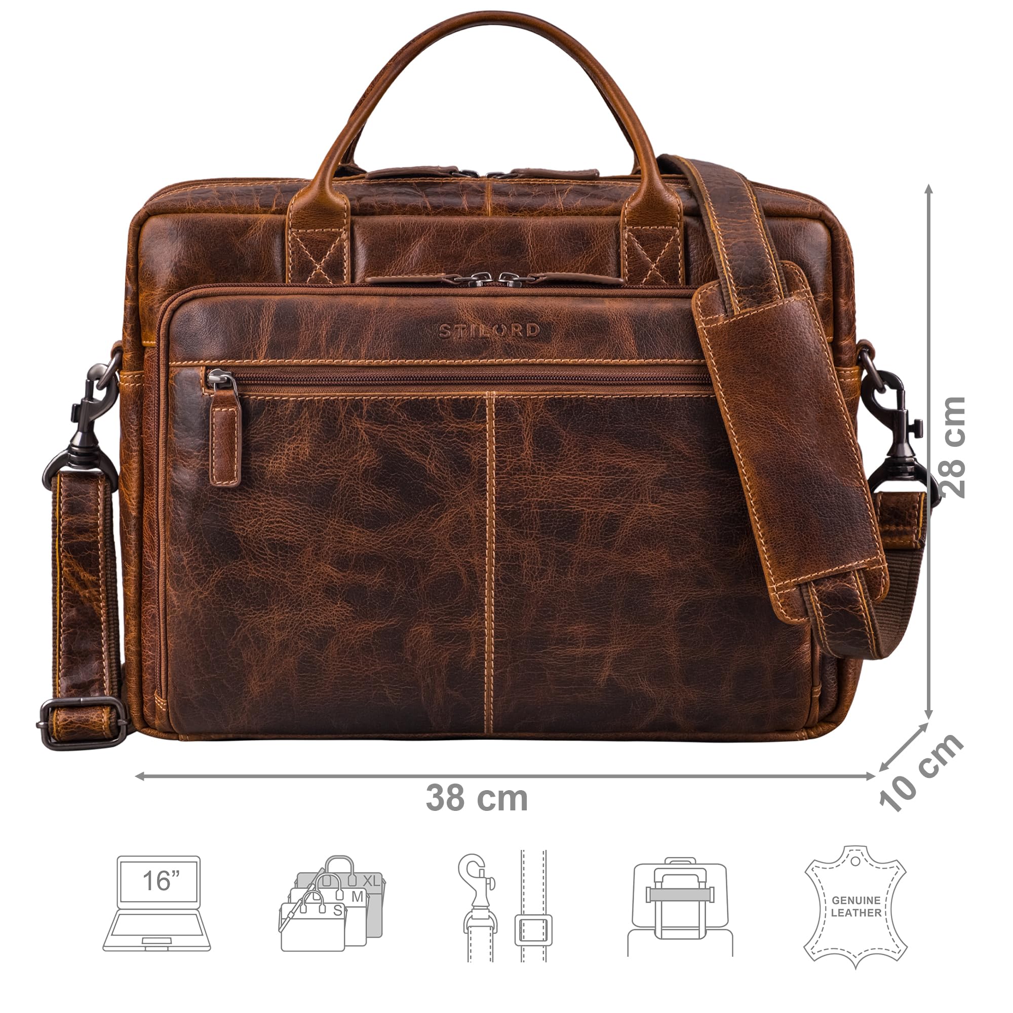 STILORD Zenon Leder Aktentasche Laptoptasche 15.6-16 Zoll - Business Umhängetasche Groß - Ledertasche DIN A4 Dokumententasche - Arbeitstasche Echtleder Herren & Damen Farbe:luino - braun