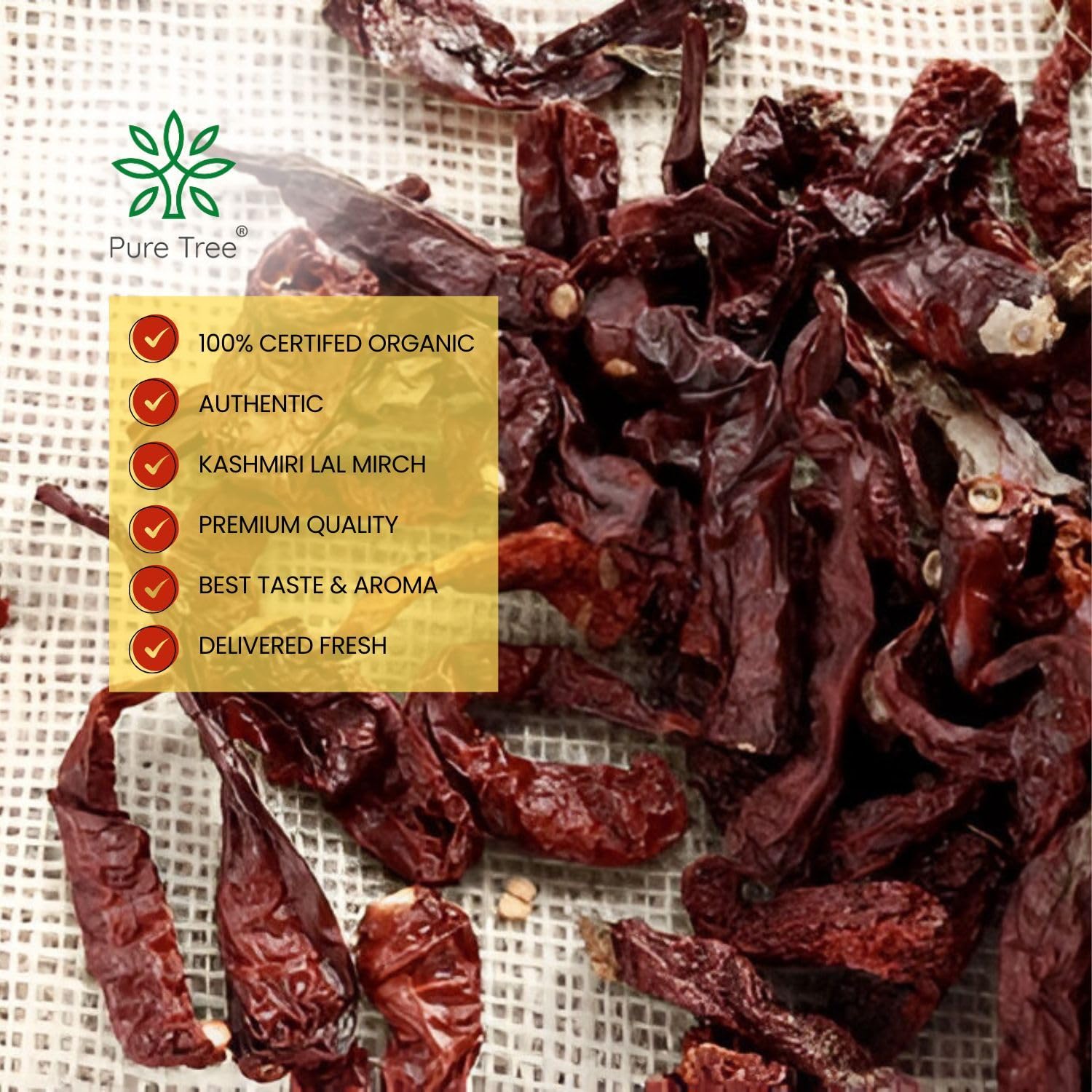 Pure Tree Certified Organic Kashmiri Lal Mirch | 100 Gm | Red Chilli Whole | Sabut Lal Mirch | Kashmiri Chilli Lal Mirch Whole Strong Smoky Spice | Dry Red Chilli Whole - Image 6 thumbnail