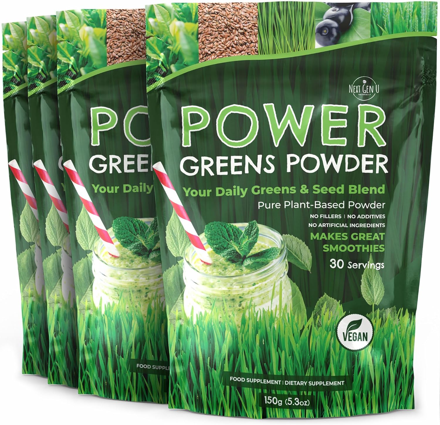 Super Greens Powder – 150g, 4 Pack – Immune Support – Food Supplement – Superfood Greens – Smoothie Mix for Shakes – Detox & Healthy Boost for Juice Beverages or Any Drink – by NextGenU