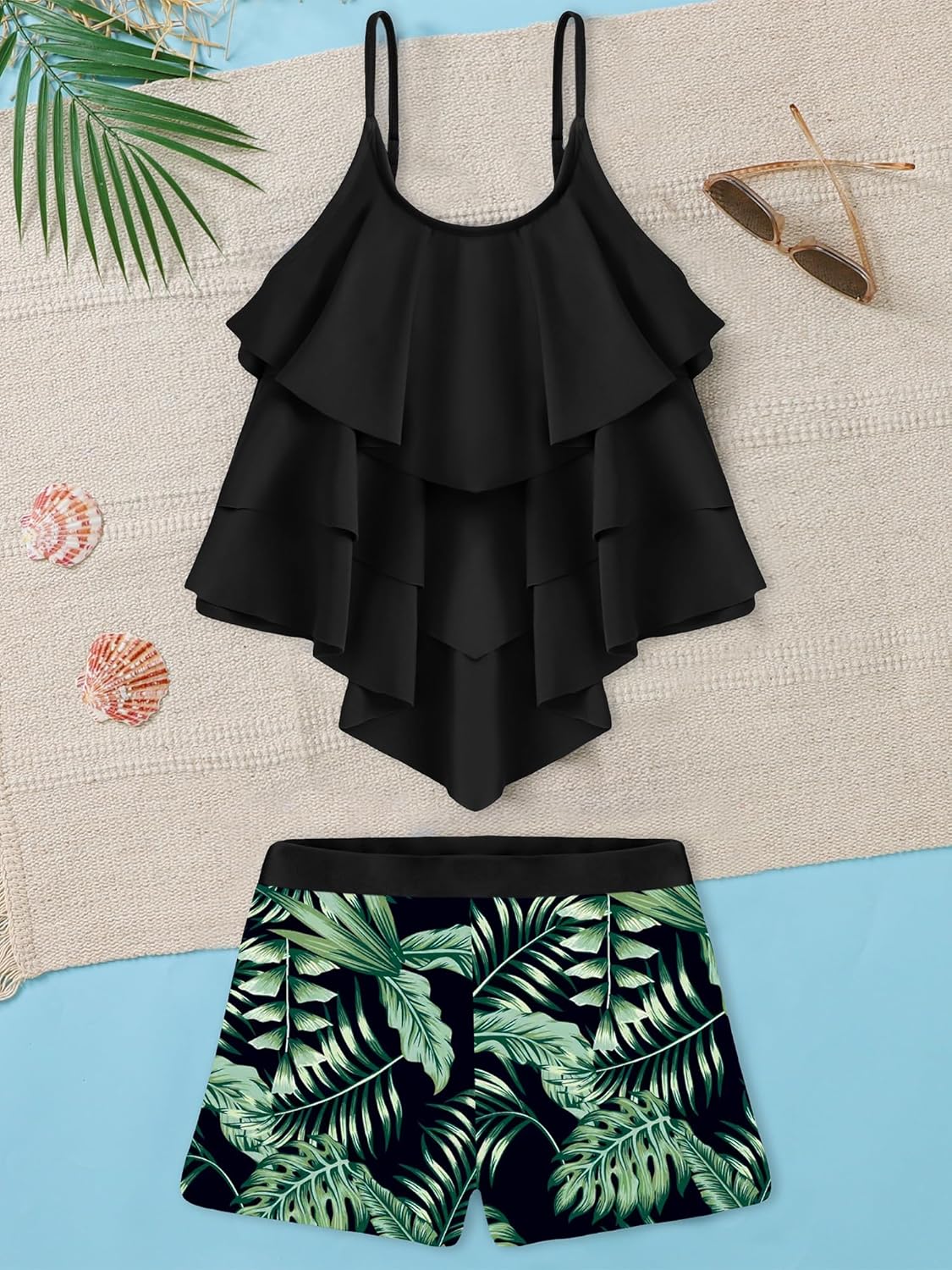 GEMLON Teens Girls Summer Swimsuit Solid Color Padded Adjustable Strap Tankini Shorts Set Girls Ruffled Beach Bathing Suit - Image 4