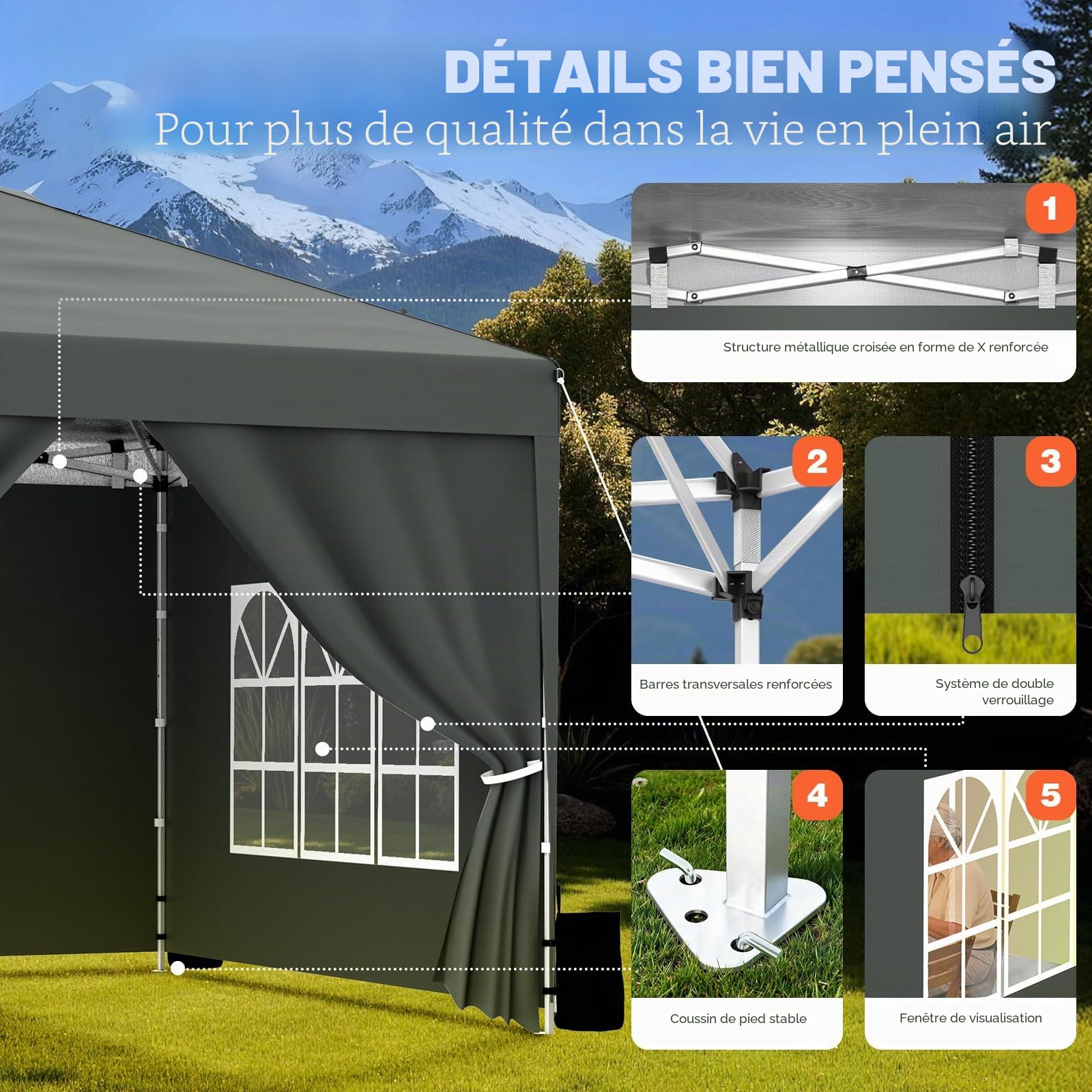 Huracan tonnelle Pliante 3x3 imperméable avec parois latérales et Sacs de Sable, Stable, résistante à l'hiver, Hauteur réglable, Protection UV, Tente de réception, Pliable avec Sac de Transport