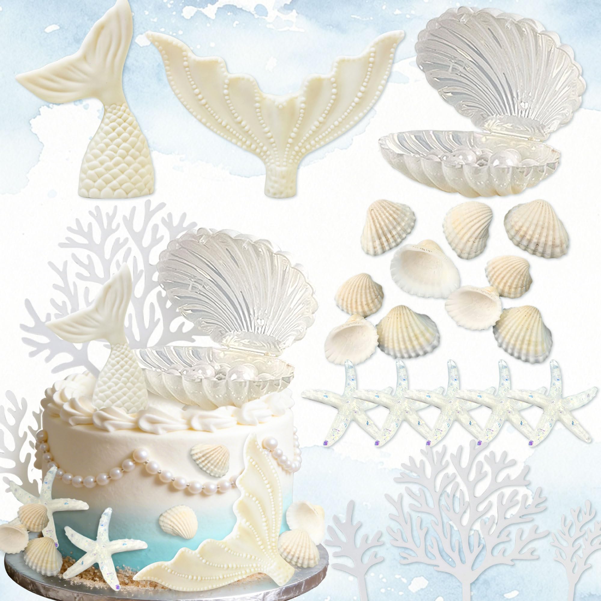 21PCS Large Openable Shell Mermaid Tail Cake Decorations Starfish Seashells Coral Decor Summer Cake Topper for Sea Ocean Beach Mermaid Theme Baby Shower Wedding Decor Birthday Party Favor Supplies