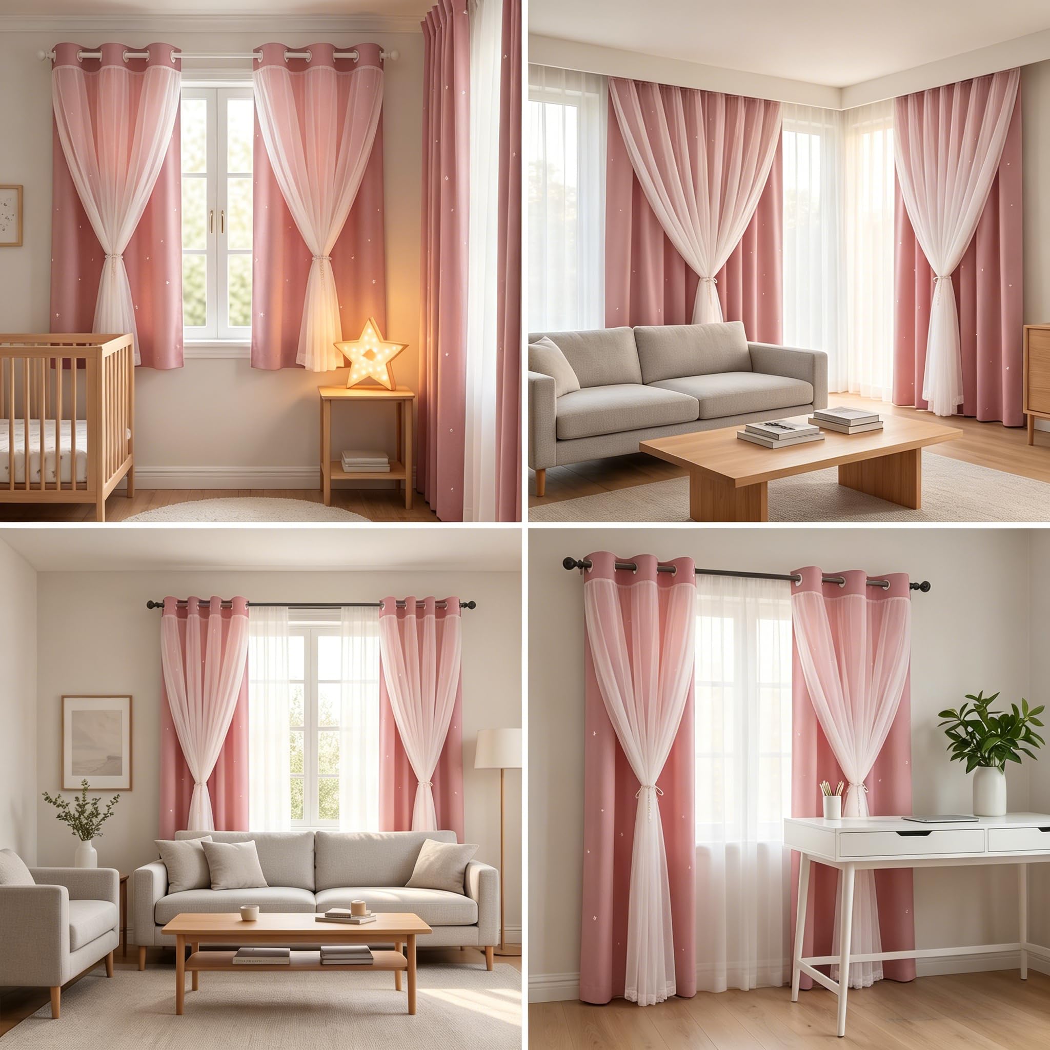 Lot de 2 Rideaux de Princesse pour Chambre de Fille avec Superposition Transparente, Double Couche pour Salon avec découpe étoile, Rideaux pour Chambre d'enfant (177,8 x 241,3 cm, Rose)
