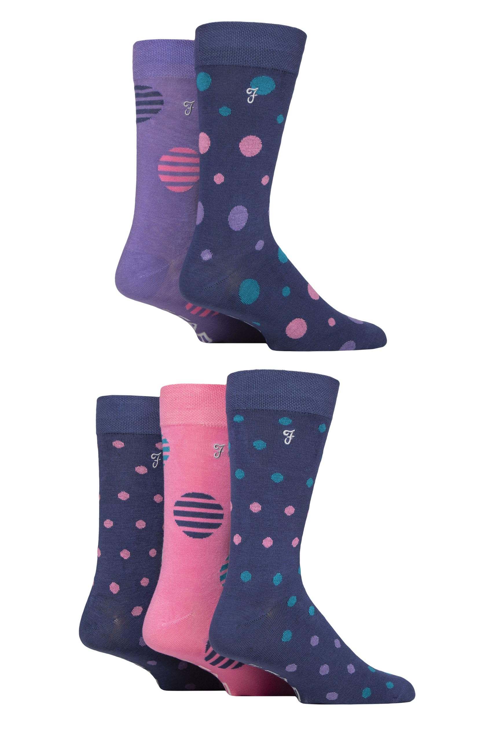 Farah Men's Spotty Midnight / Teal / Pink Bamboo Socks Plain And Patterned Striped Argyle Spotty Designs, Bright Colourful, Gift For Him, 5 Pairs - Spotty Midnight/Teal/Pink 6-11