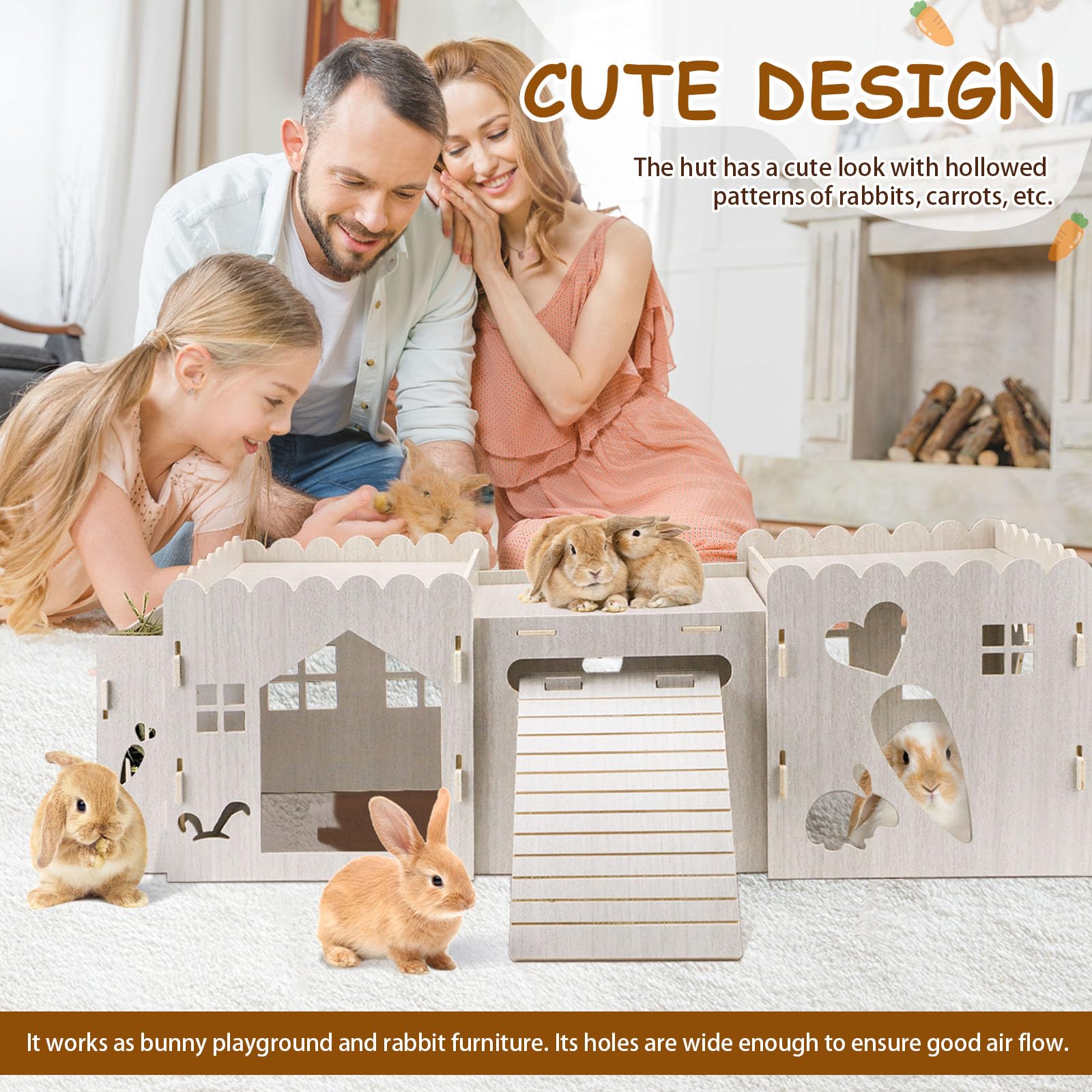 Große hölzerne Kaninchen Schloss, Nagelfreie abnehmbare Kaninchens Versteck mit Nahrungsschale, Kaninchen Rampe & Multi-Löcher, niedliche Kaninchens Haus Fitting Syrische Hamster