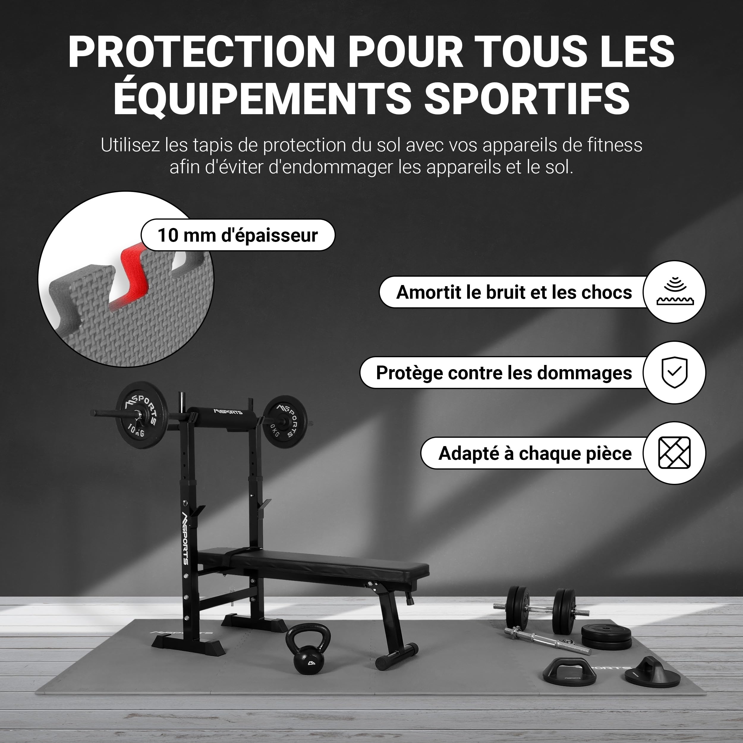 MSPORTS Lot de 8 tapis de protection de sol de qualité supérieure (3,2 m²) - Tapis de gymnastique, de yoga et de fitness antidérapants pour la gym, le yoga et l'entraînement - Gris