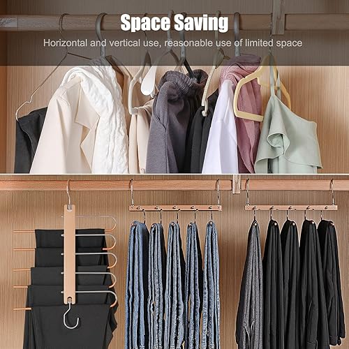 Miniatura 5 de Paquete de 4 perchas antideslizantes de madera maciza para pantalones, colgador multifuncional de 5 capas para ahorrar espacio