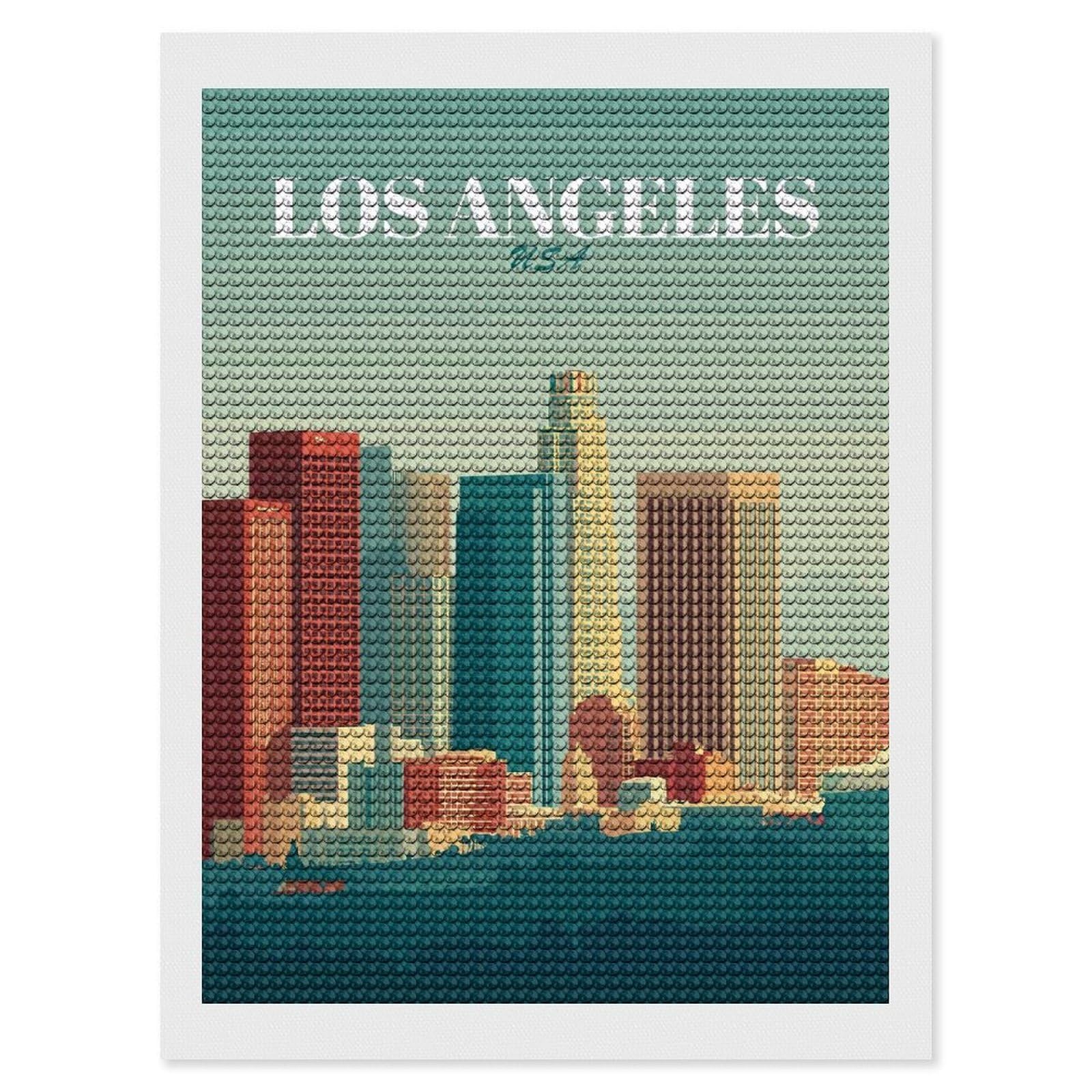 Junmoney Los Angeles Skyline Vintage DIY Diamond Art Canvas Kit 12"x16", Simple to Start, Fun Craft Experience, Modern Decor, Gift Idea, Adhesive Canvas