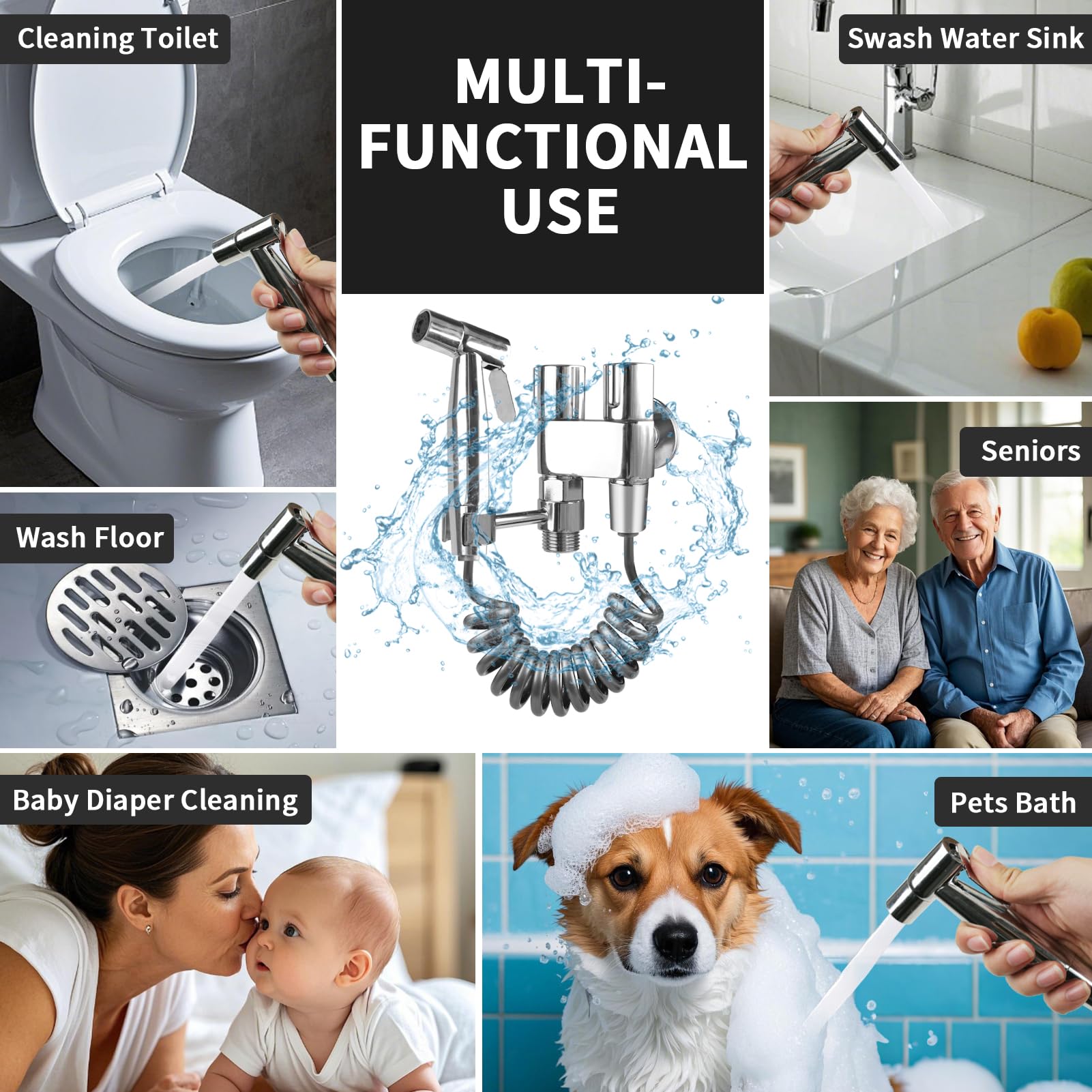 MI CASA Handheld Bidet Sprayer for Toilet Stainless Steel Bidet Sprayer Kit with 1-in-2-out Dual Control Valve Faucet and Hose or Feminine Wash - Image 4