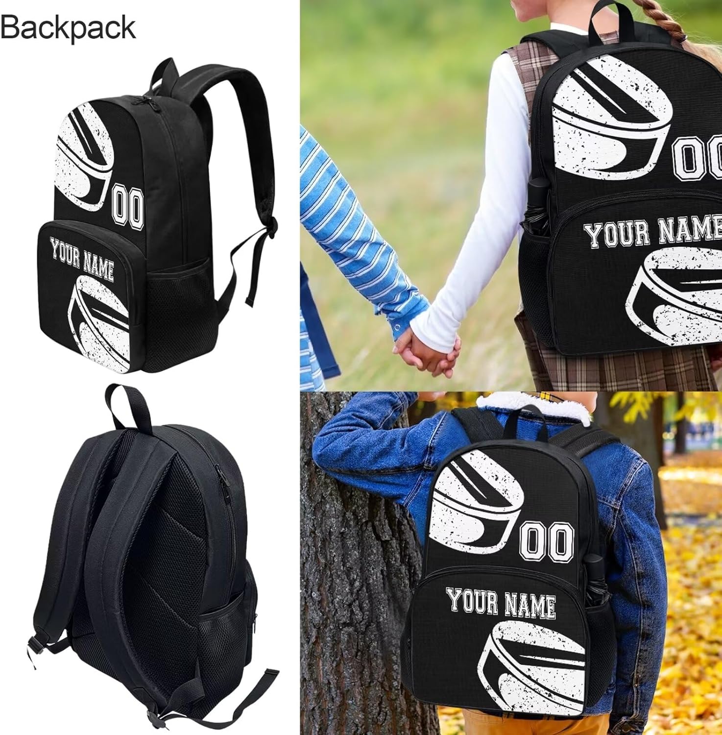 Bulopur Hockey Print Custom Backpacks Set of 4 Black Daypack Knapsack Rucksack Cross Body Bag Satchel Bags Aesthetic Cosmetic Makeup Bag Lunch Box for Women Men
