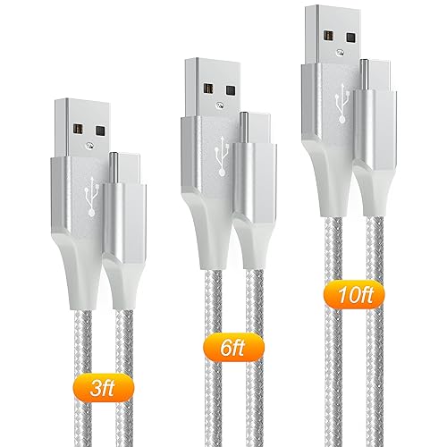 Cable USB-C de carga rápida 3A, paquete de 3 (10 pies+6 pies + 3 pies), USB A a tipo C, cable trenzado de nailon para dispositivos tipo C, color