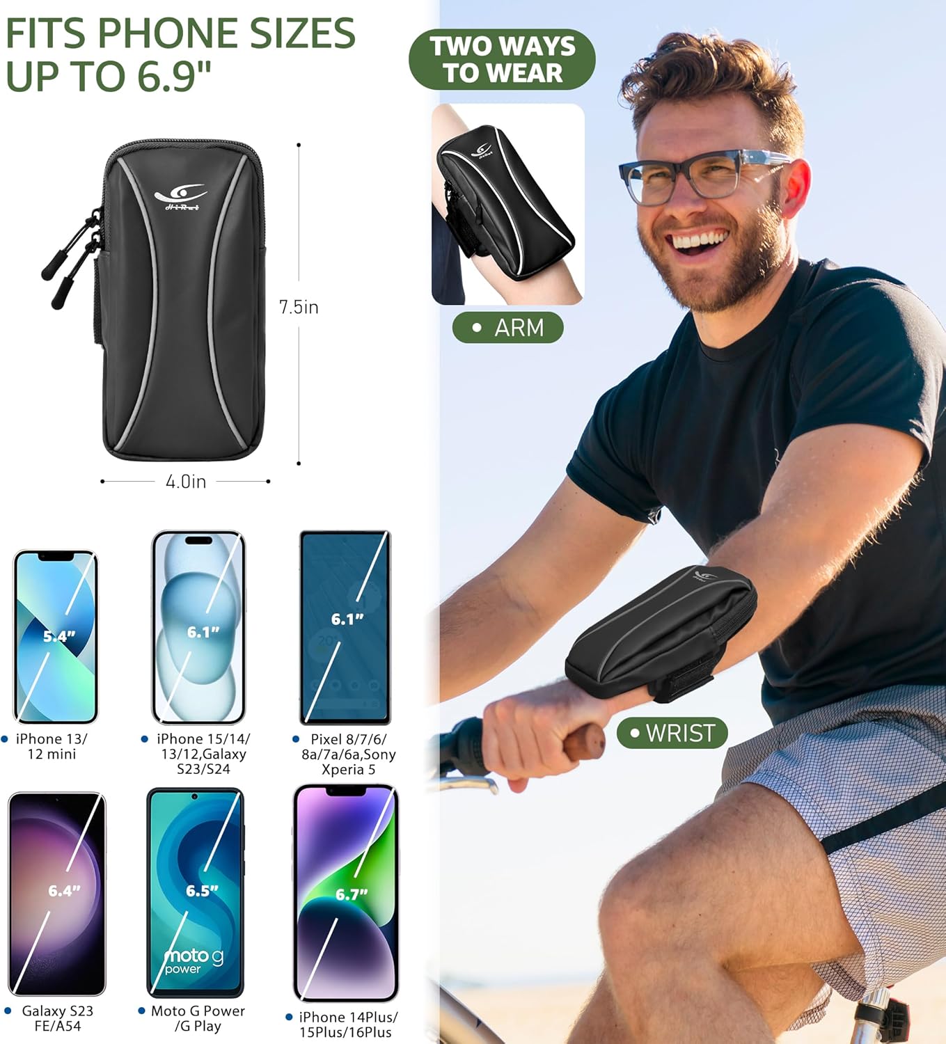 HiRui Arm Bag & Wrist Bag Phone Holder, Sports Running Armband for Gym, Cycling & Workout, Compatible with iPhone 16/15/14 Series, Samsung Galaxy & More, Reflective, Adjustable, Secure Fit (Black) - Image 5