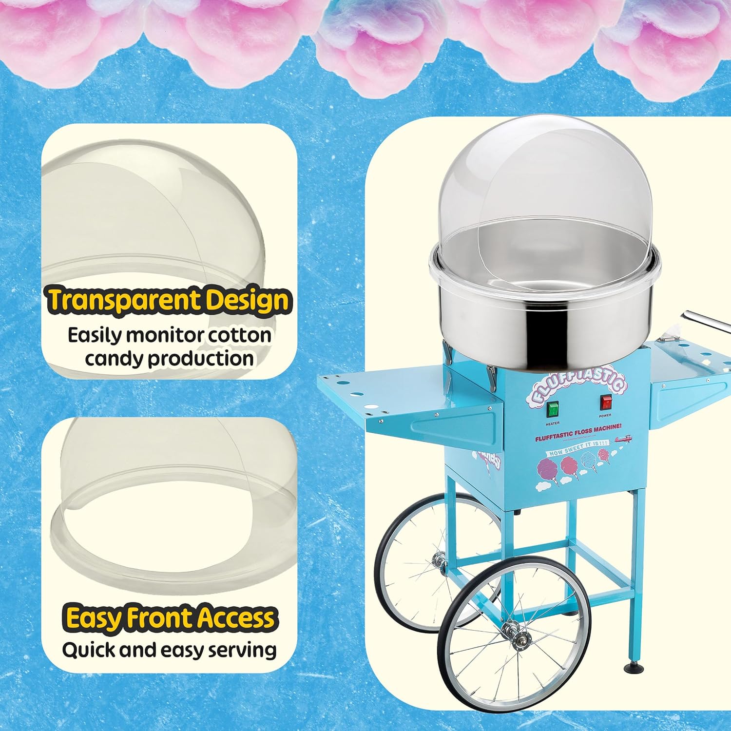 Cotton Candy Machine – Flufftastic 1000W Floss Maker with Cart, 13-Inch Wheels, Dome Shield, and Stainless-Steel Pan by Great Northern Popcorn (Blue), 36" x 20.5" (83-DT6038)